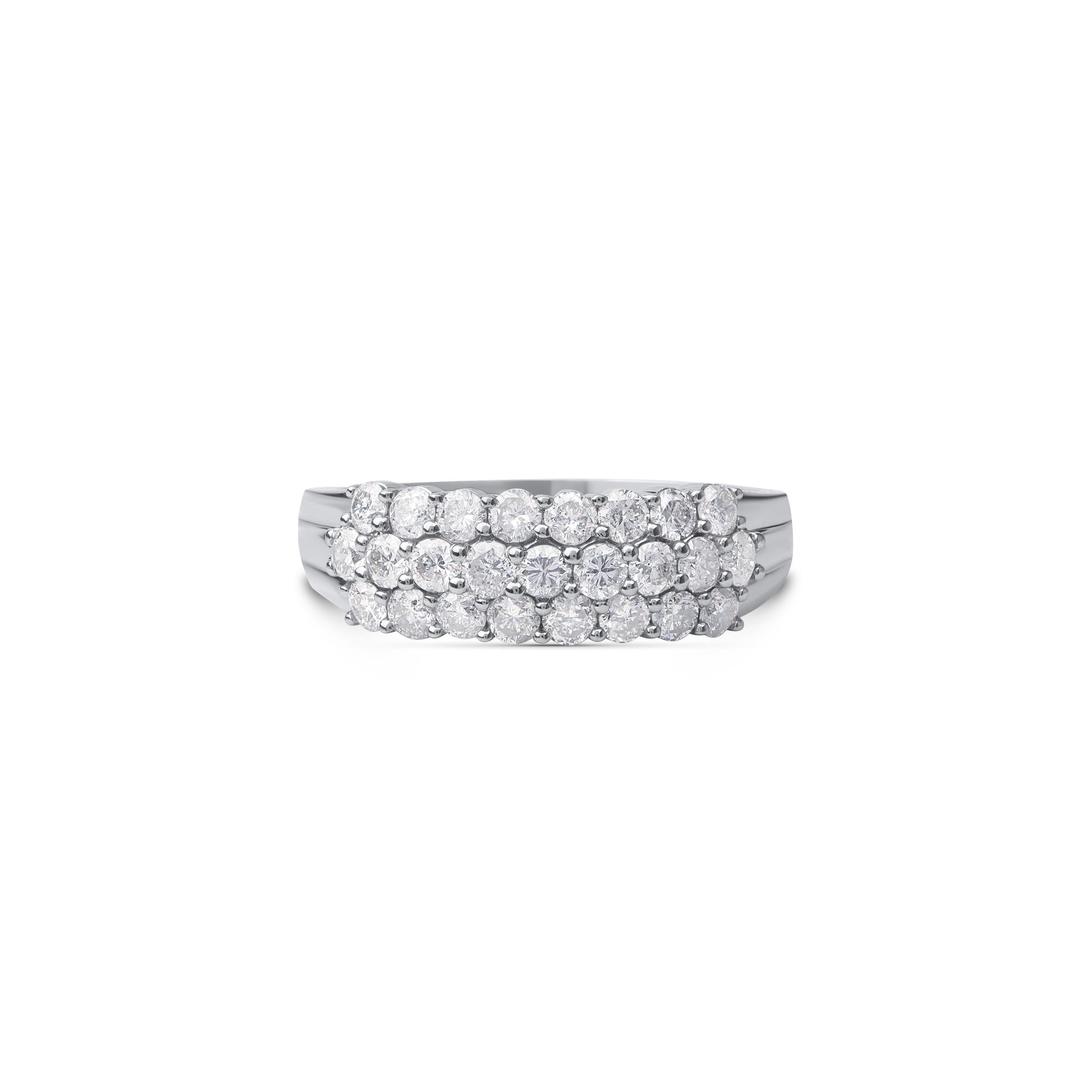 Modern TJD 1.50 Carat Diamond 10 Karat White Gold 3-Row Anniversary/Wedding Band For Sale