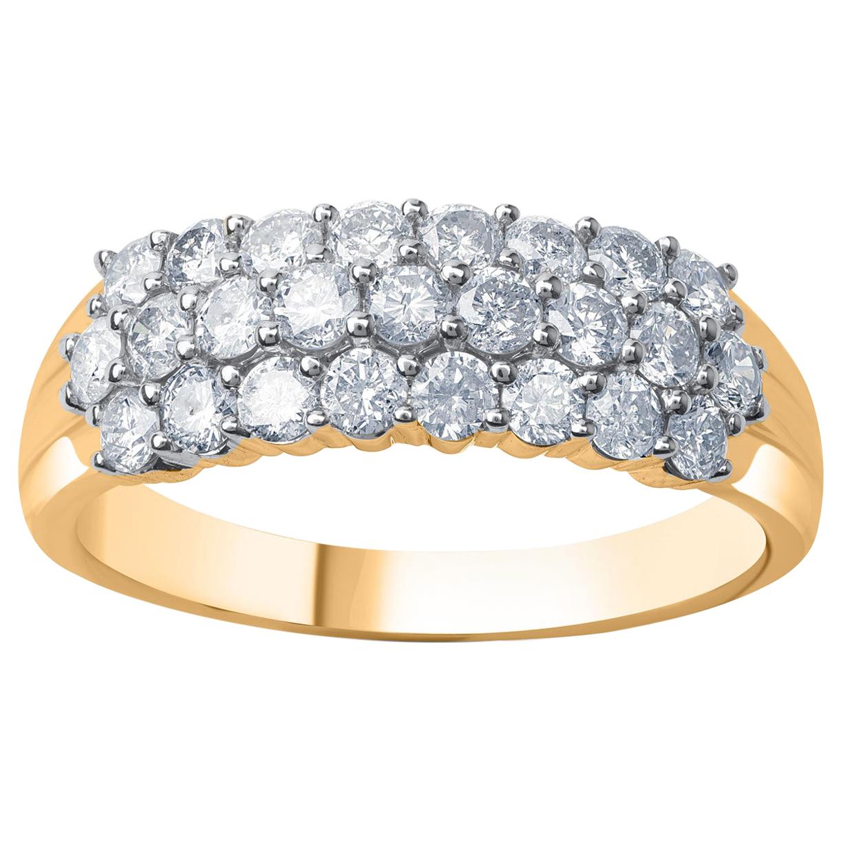 TJD, bague d'anniversaire/de mariage à 3 rangées en or jaune 10 carats avec diamants de 1,50 carat