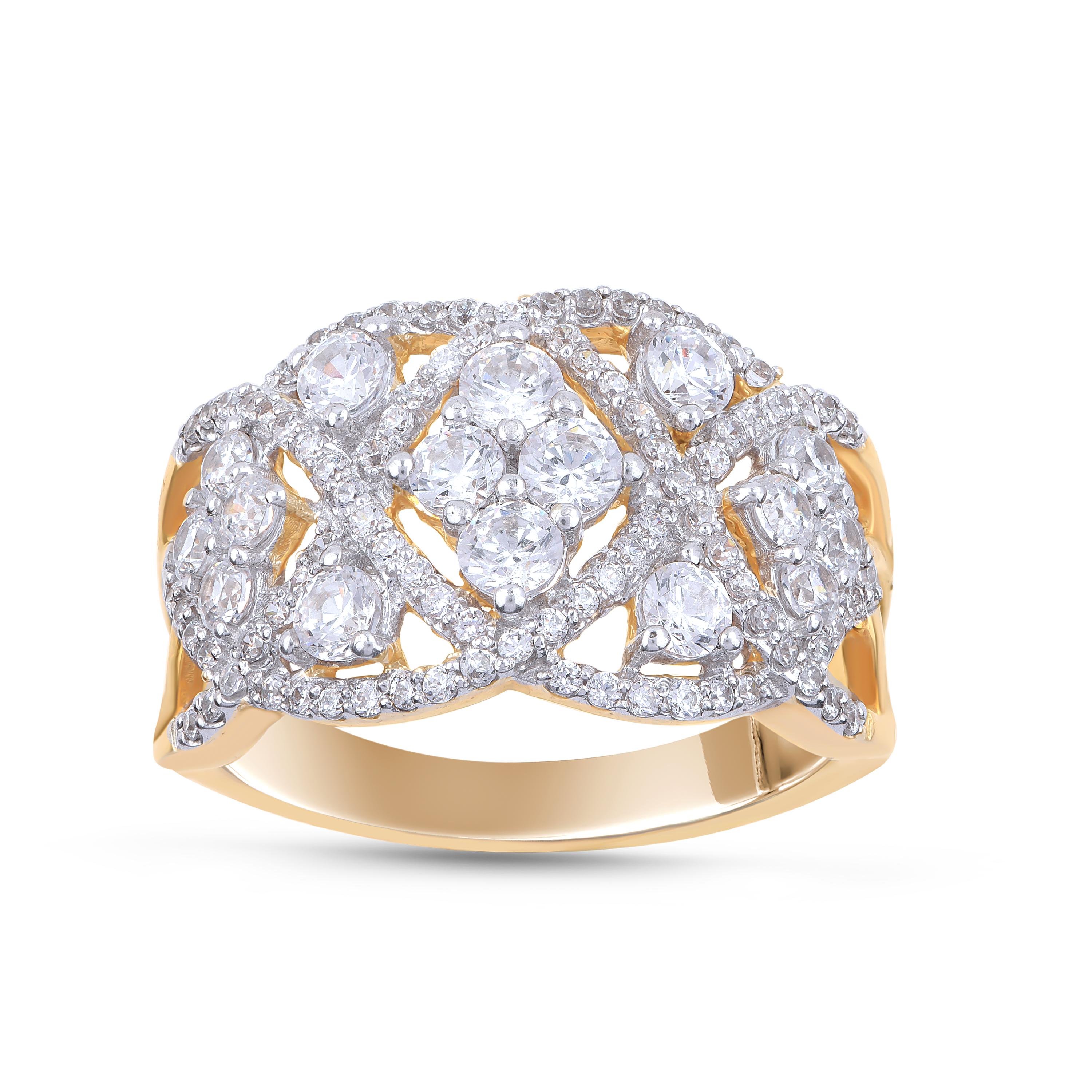 This beautiful diamond ring is studded with 110 brilliant diamonds set in prong setting in 18KT yellow gold. Diamonds are graded H-I Color, I2 Clarity.  

Metal color and ring size can be customized on request. 

This piece is made to order. Please