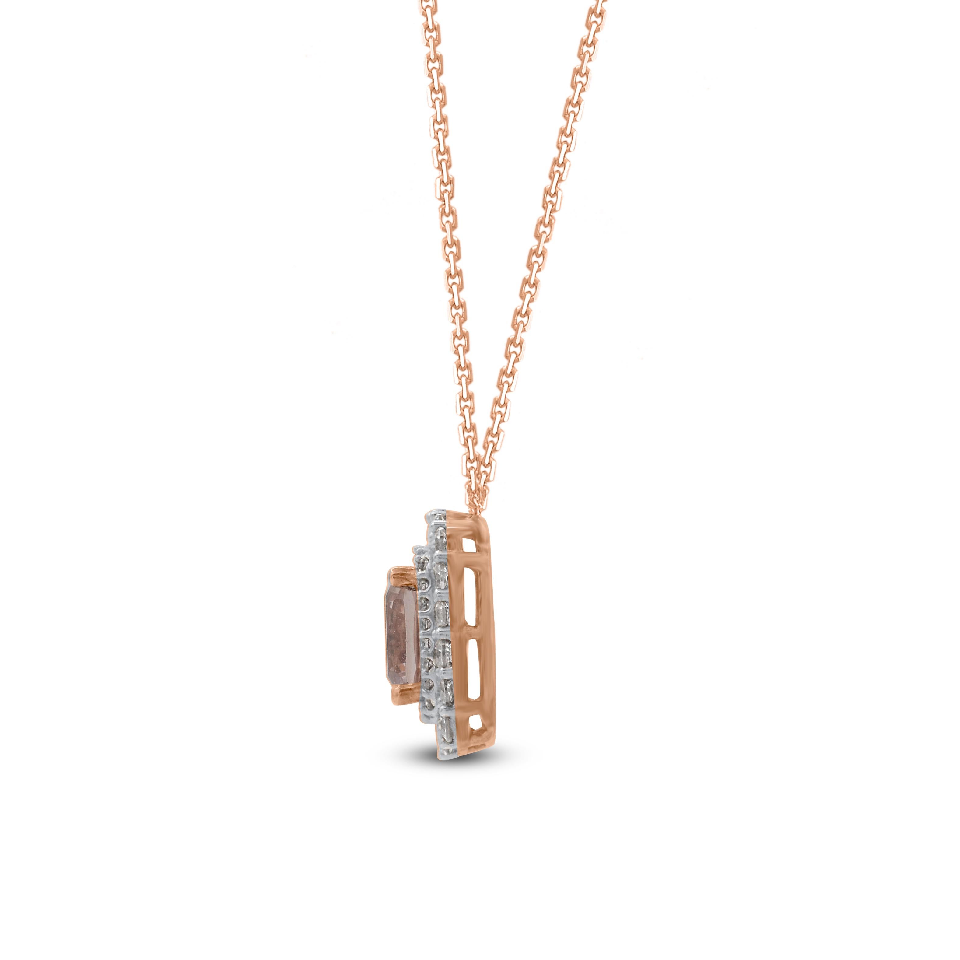 This beautiful halo pendant necklace is studded with 48 single cut, brilliant cut natural diamonds and 1 cushion morganite in prong setting. The total diamond weight of these diamond pendant is 1.50 carats. All the diamonds are H-I color, I-2