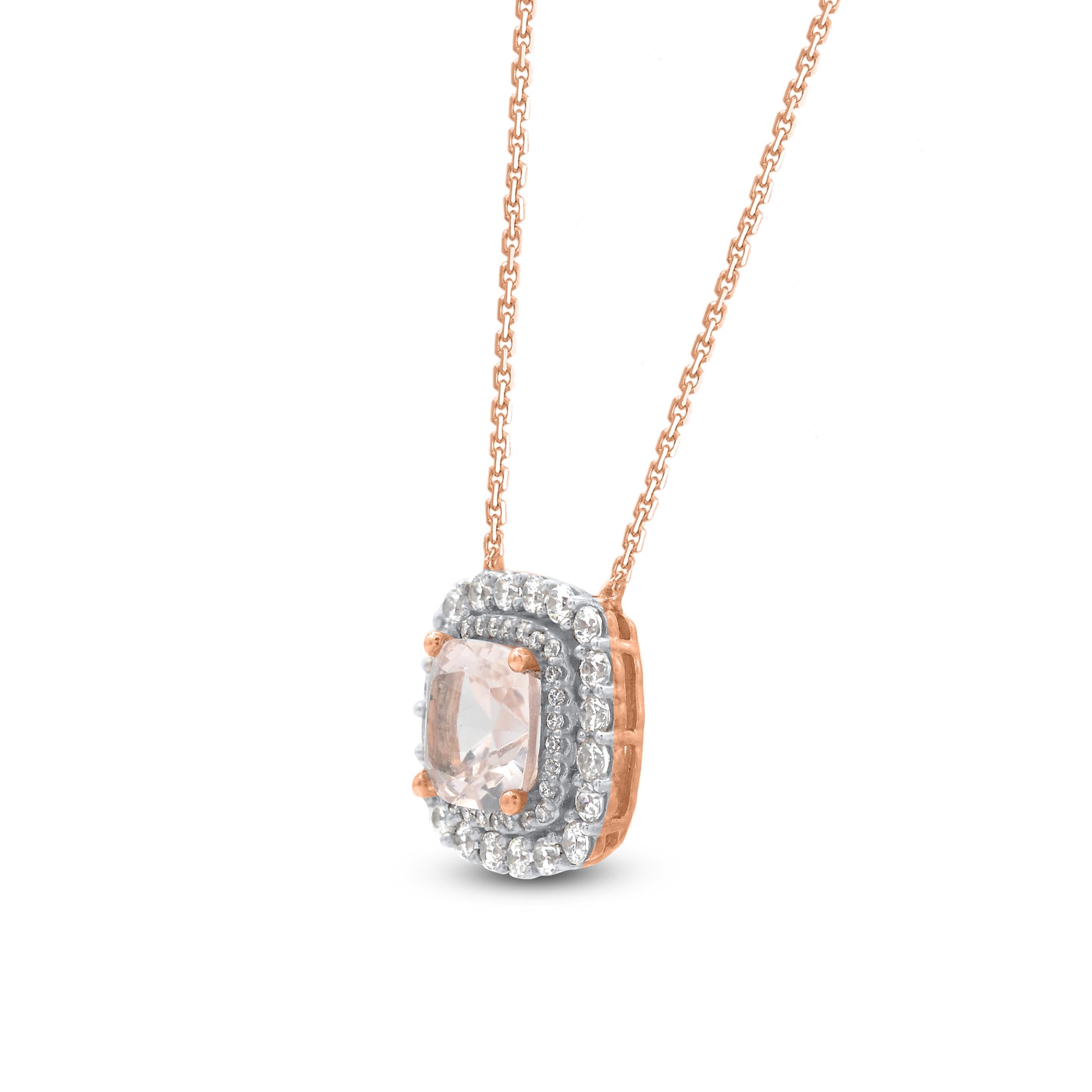 Contemporary TJD 1.50 Carat Morganite & Diamond 14KT Gold Cushion Frame Halo Pendant Necklace For Sale