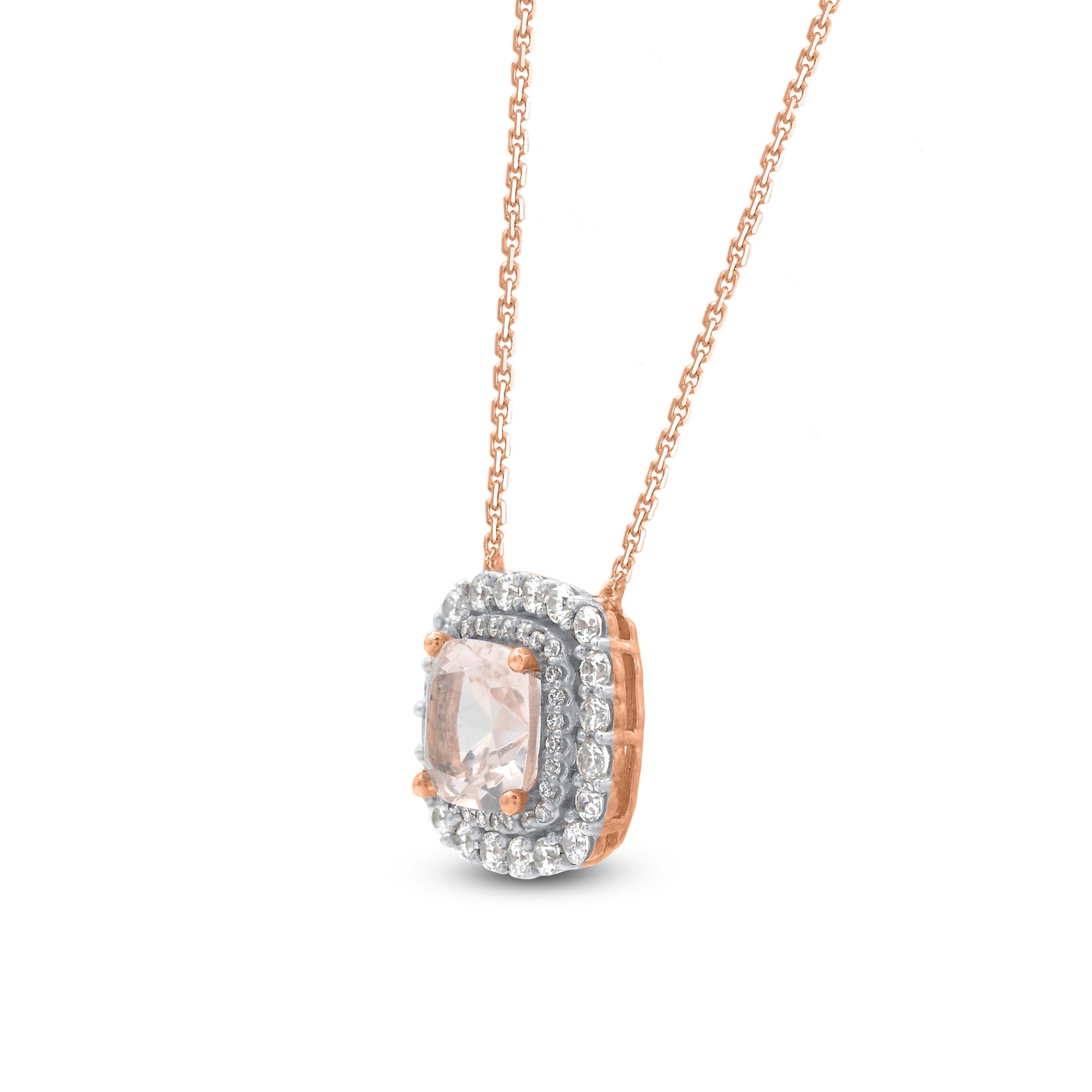 Contemporain Collier pendentif Halo à cadre coussin en or 14 carats avec Morganite de 1,50 carat et diamants TJD en vente