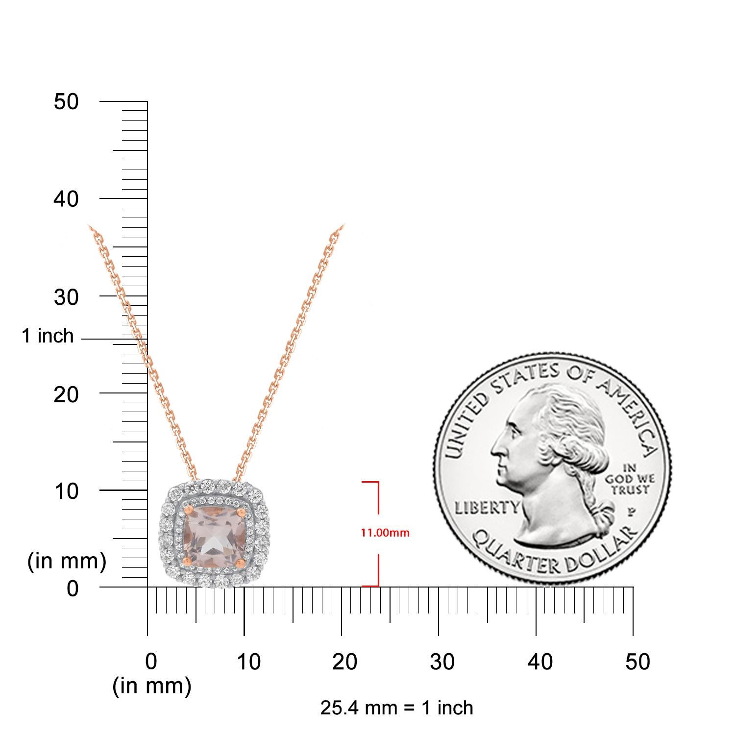 Taille mixte Collier pendentif Halo à cadre coussin en or 14 carats avec Morganite de 1,50 carat et diamants TJD en vente