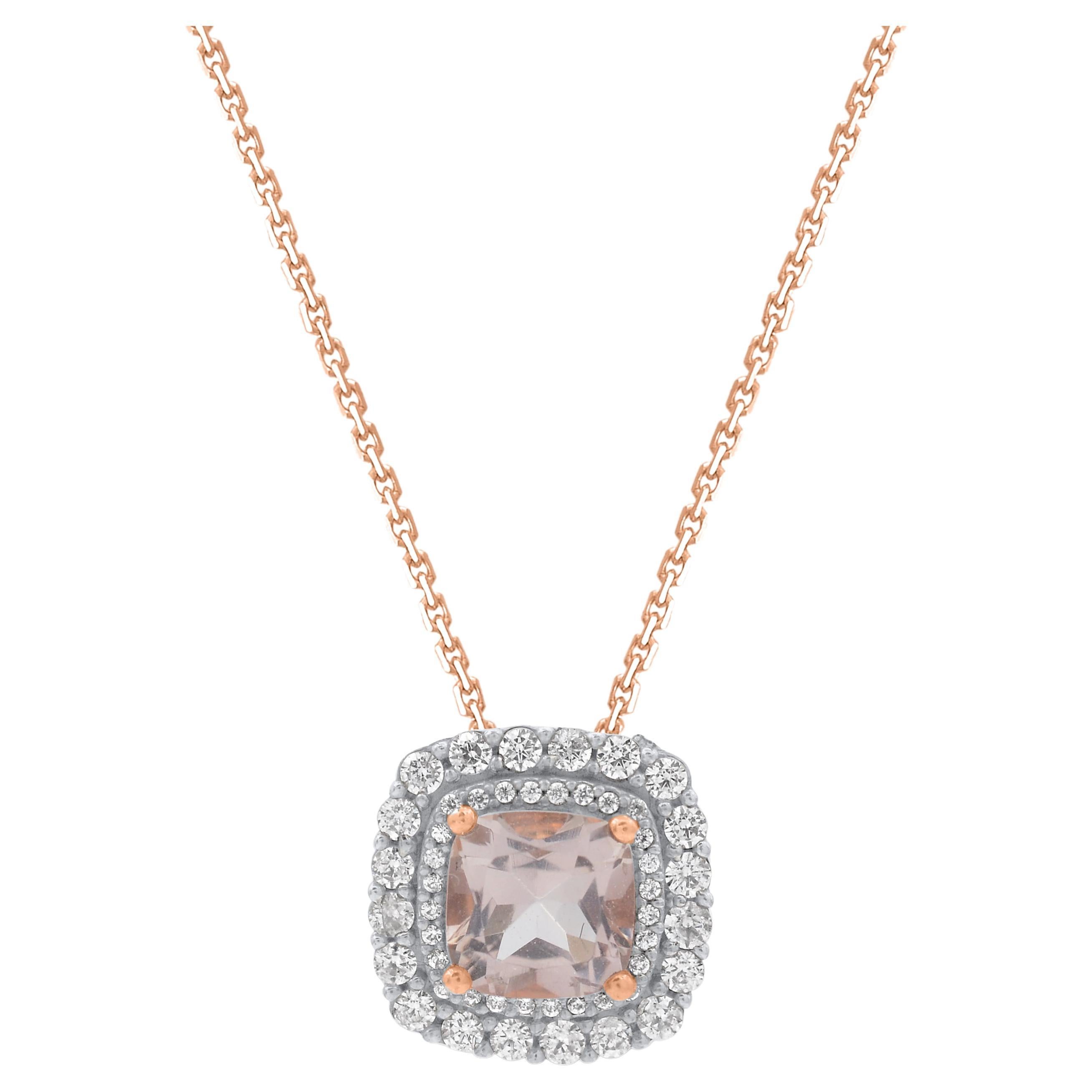 Collier pendentif Halo à cadre coussin en or 14 carats avec Morganite de 1,50 carat et diamants TJD