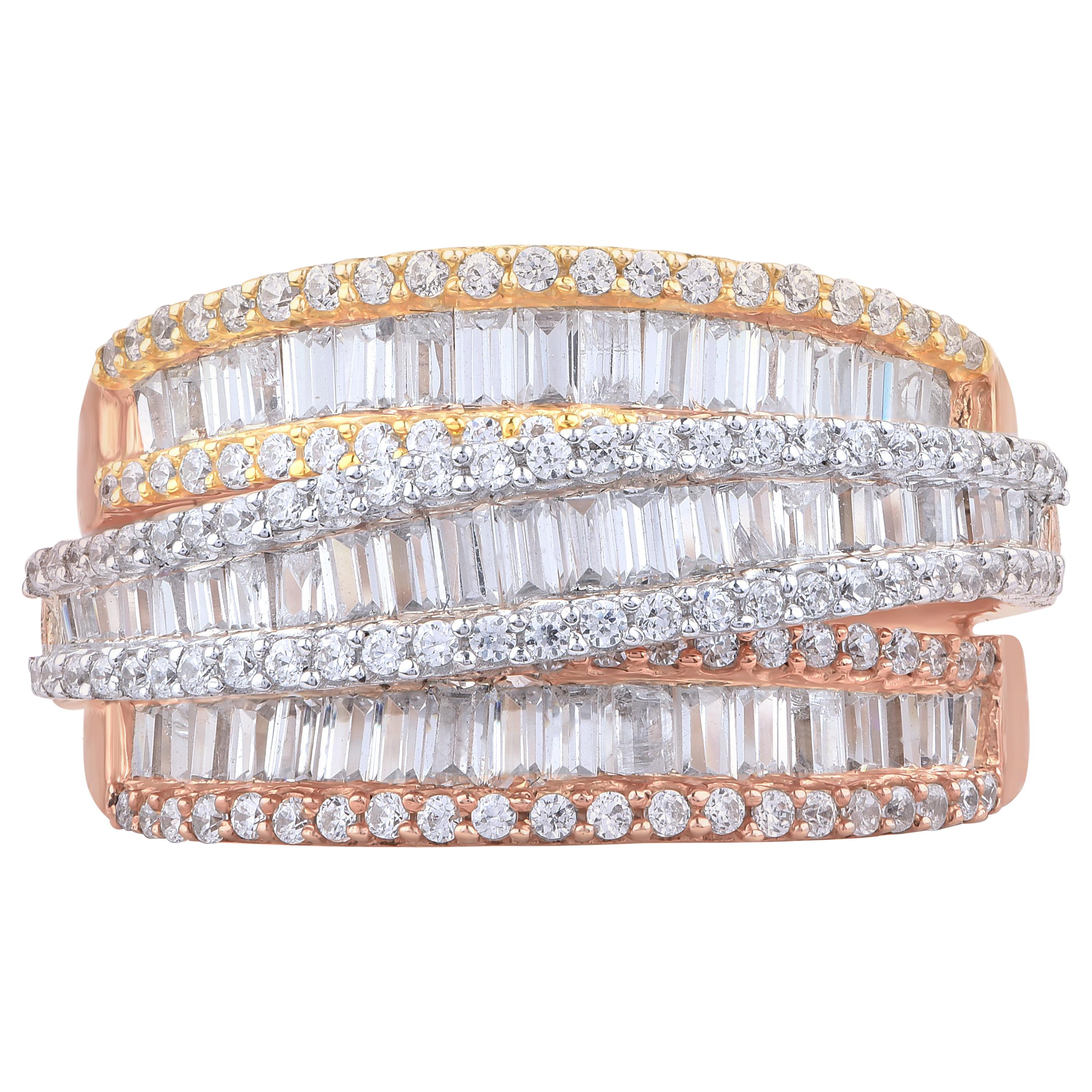 TJD Bague croisée en or tricolore 18 carats avec diamants ronds et baguettes de 1,50 carat en vente