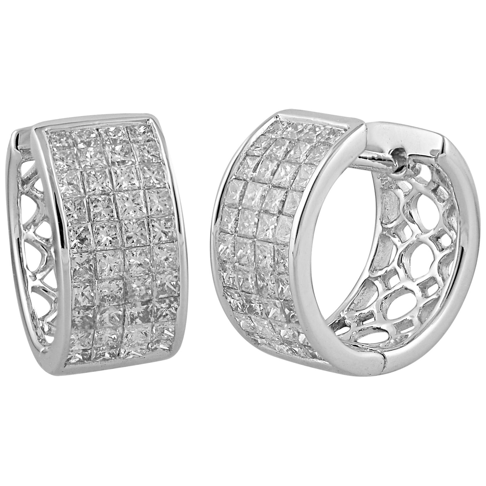 TJD 1.50 Carat Princess Cut Diamond 14K White Gold Invisible Set Huggie Earrings For Sale