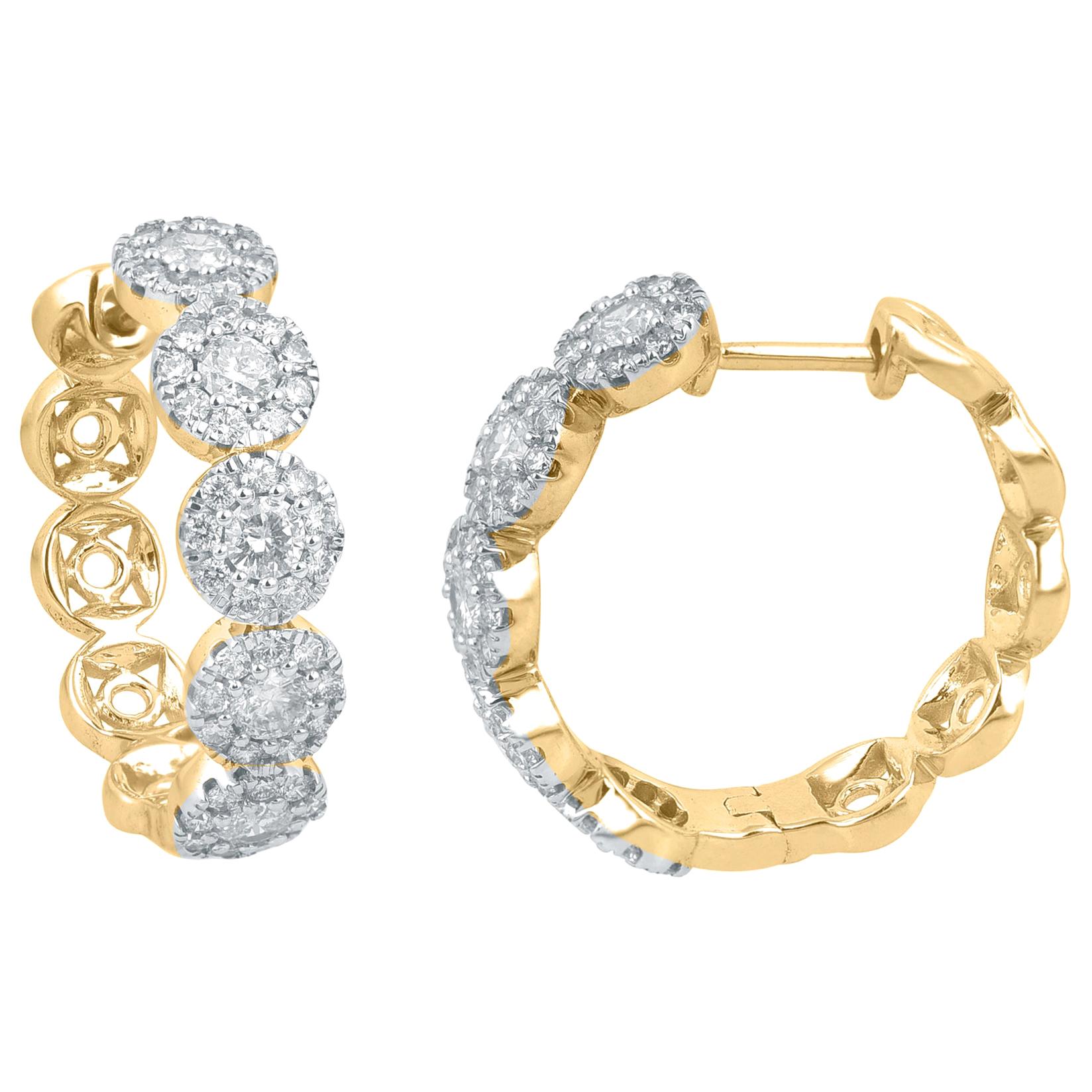 TJD 1.50 Carat 5 Stone Diamond 18K Yellow Gold Halo Cluster Hoop Huggie Earrings For Sale