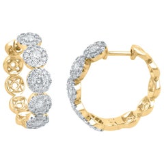 TJD 1.50 Carat 5 Stone Diamond 18K Yellow Gold Halo Cluster Hoop Huggie Earrings