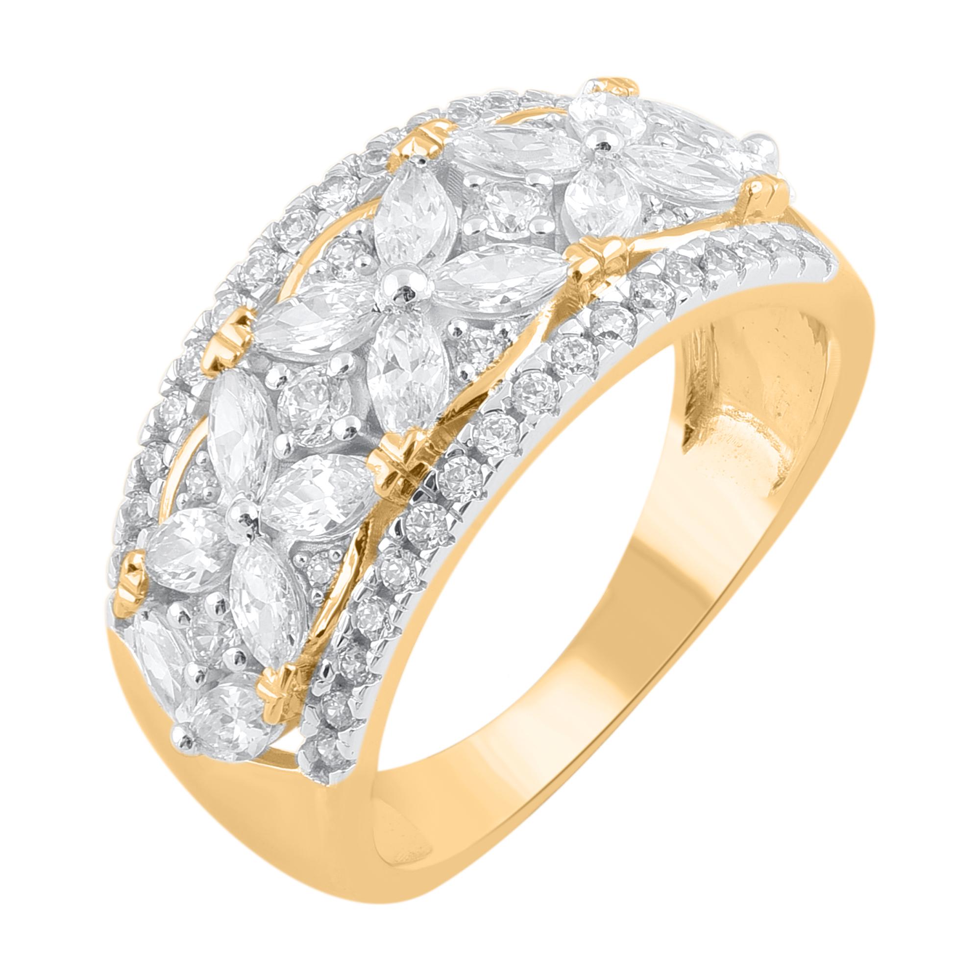 Complete your bridal look with a timeless design. These wedding band rings are studded with 60 brilliant cut, single cut & marquise natural diamonds in prong setting and crafted in 14 Karat yellow gold. The total diamond weight is 1.50 carat. The