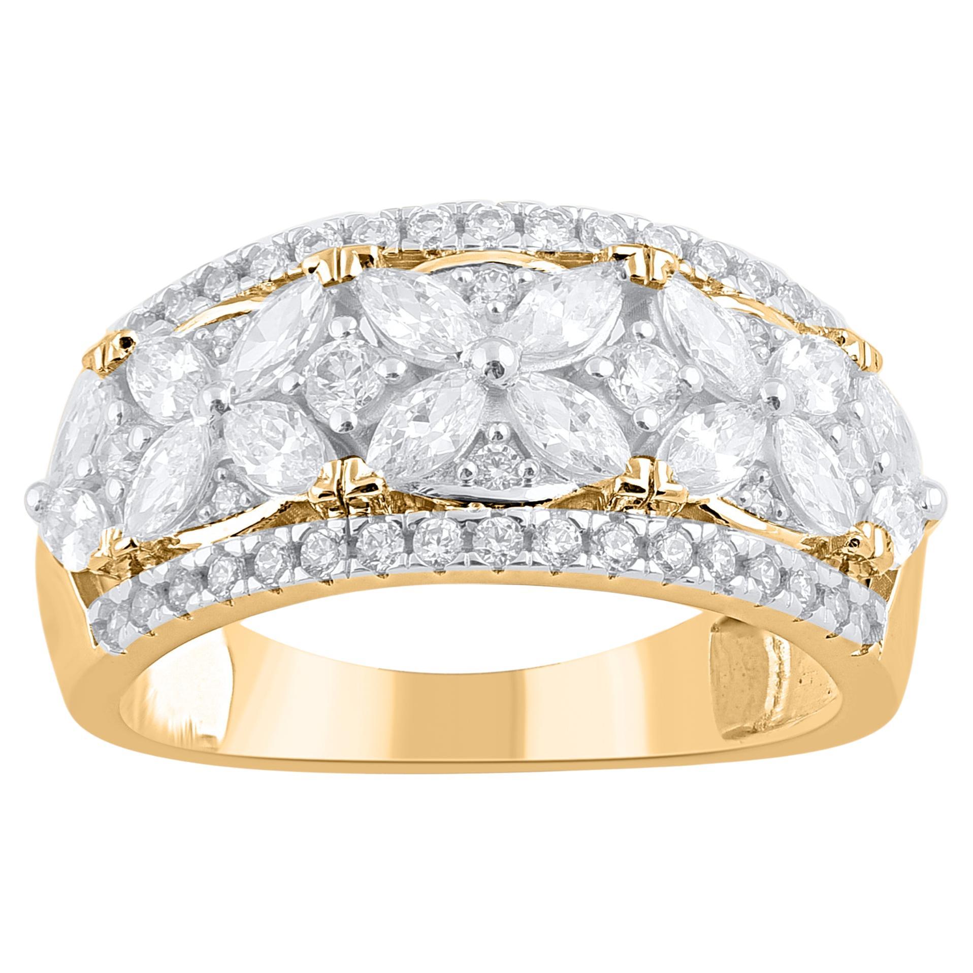 TJD 1.50 Carat Natural Diamond 14KT Gold Vintage-Style Flower Wedding Band Ring For Sale