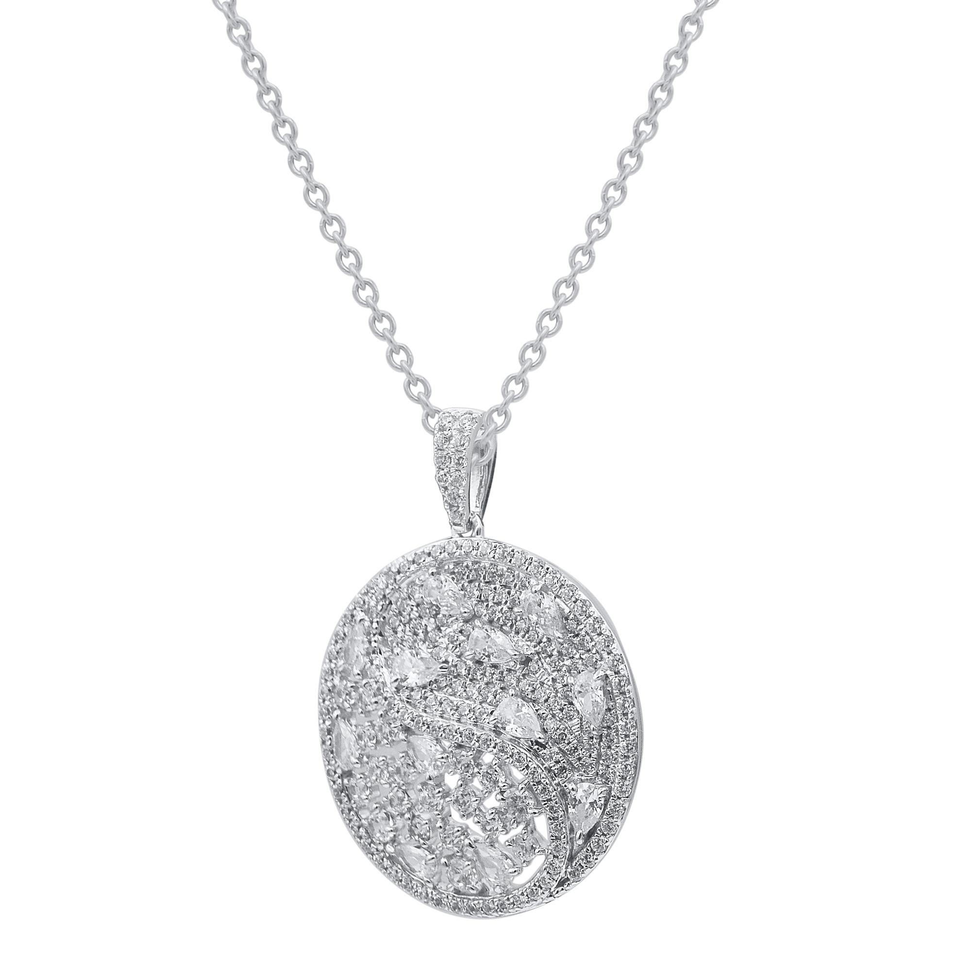 This diamond circle pendant fits any occasion with ease. These diamond pendants are studded with 184 single cut, brilliant cut & pear natural diamonds in prongs setting and crafted in 18 karat white gold. Diamonds are graded as H-I color and I-2