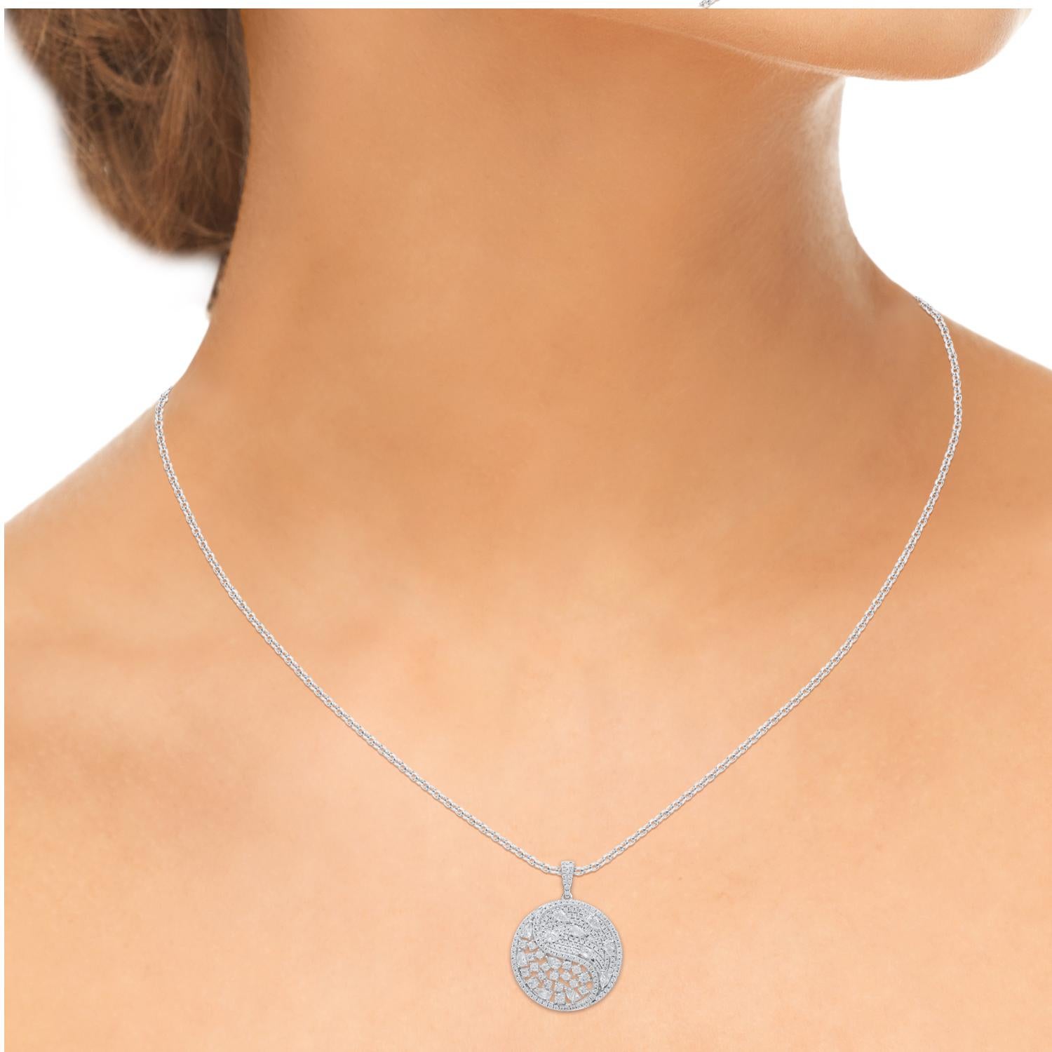 Mixed Cut TJD 1.50 Carat Natural Diamond Yin and Yang Pendant in 18 Karat White Gold For Sale