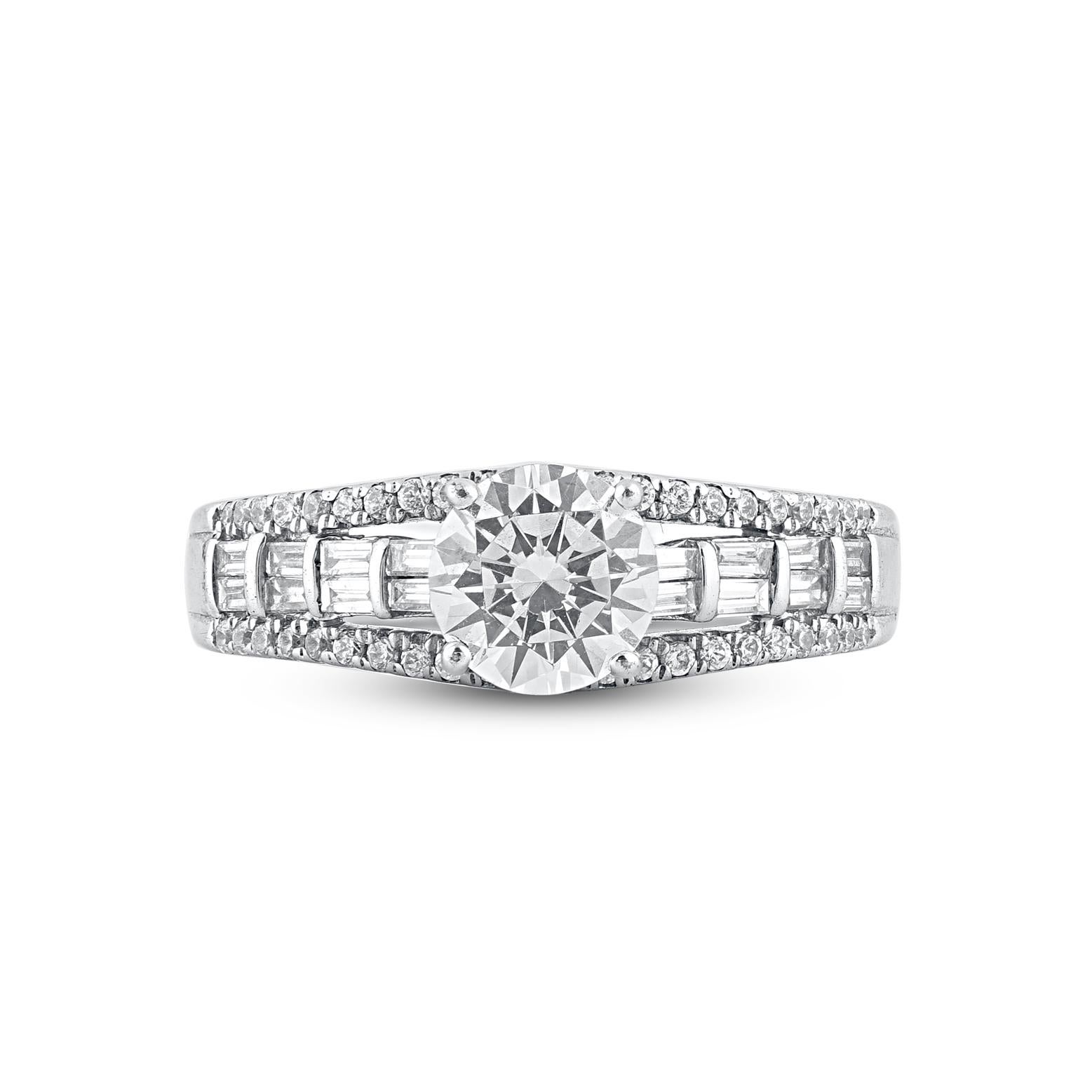 Make a big impression and seal your vows with this engagement ring. Beautifully crafted by our inhouse experts in 14 karat white gold and embellished with 61 brilliant cut, single cut round diamond and baguette cut diamonds set in prong and channel