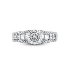 TJD 1.50 Carat Natural Round & Baguette Diamond 14KT White Gold Engagement Ring
