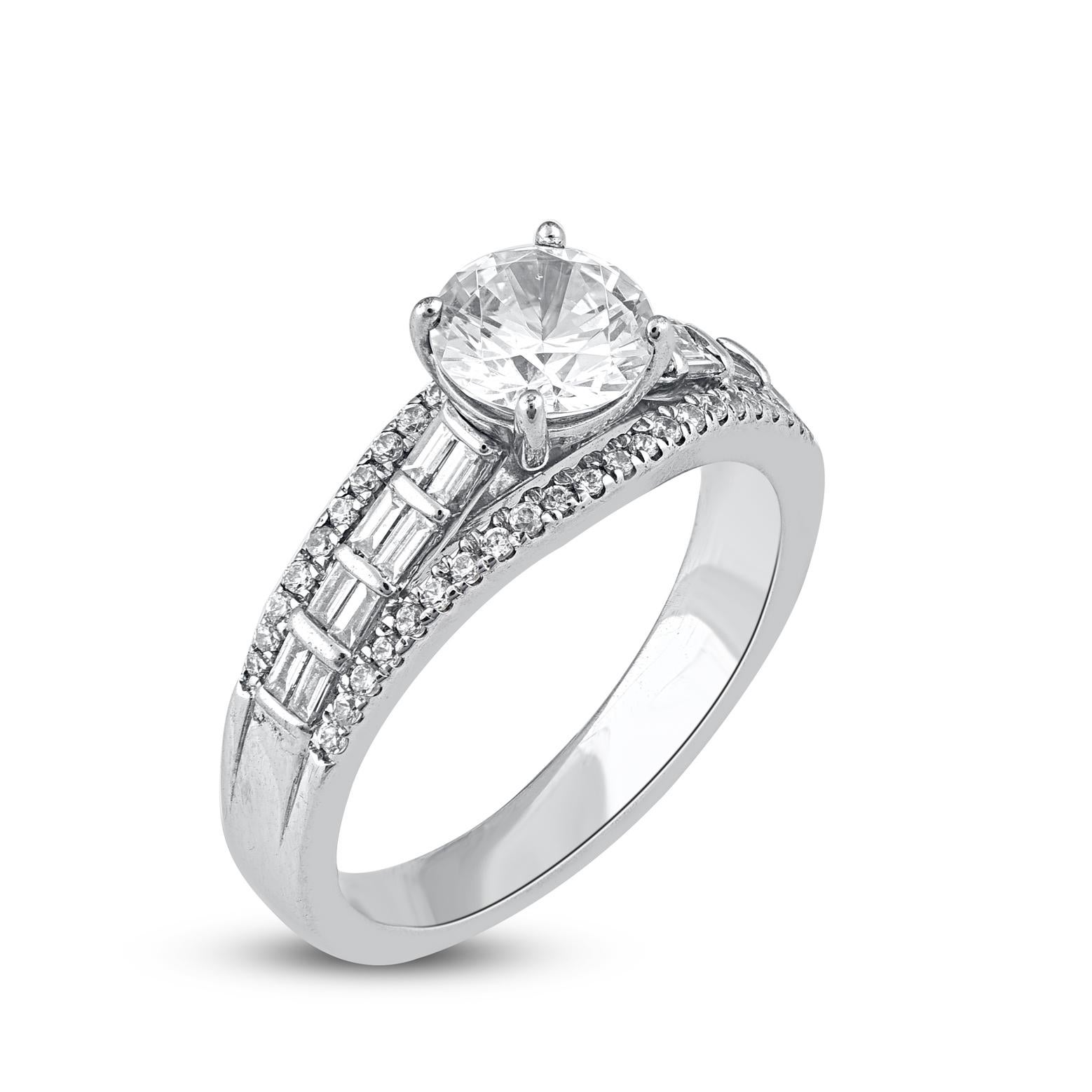 Contemporary TJD 1.50 Carat Natural Round & Baguette Diamond 14KT White Gold Engagement Ring For Sale