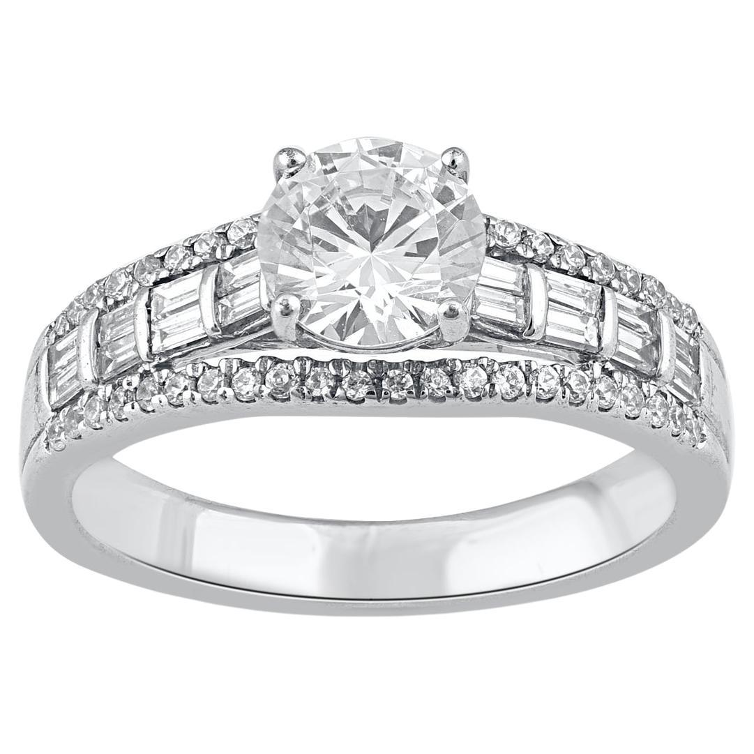 TJD 1.50 Carat Natural Round & Baguette Diamond 14KT White Gold Engagement Ring For Sale