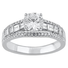 TJD 1.50 Carat Natural Round & Baguette Diamond 14KT White Gold Engagement Ring