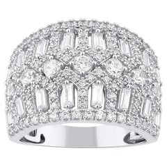 TJD 1,50 carati di diamante naturale rotondo e baguette in oro bianco 14KT Anello a fascia larga