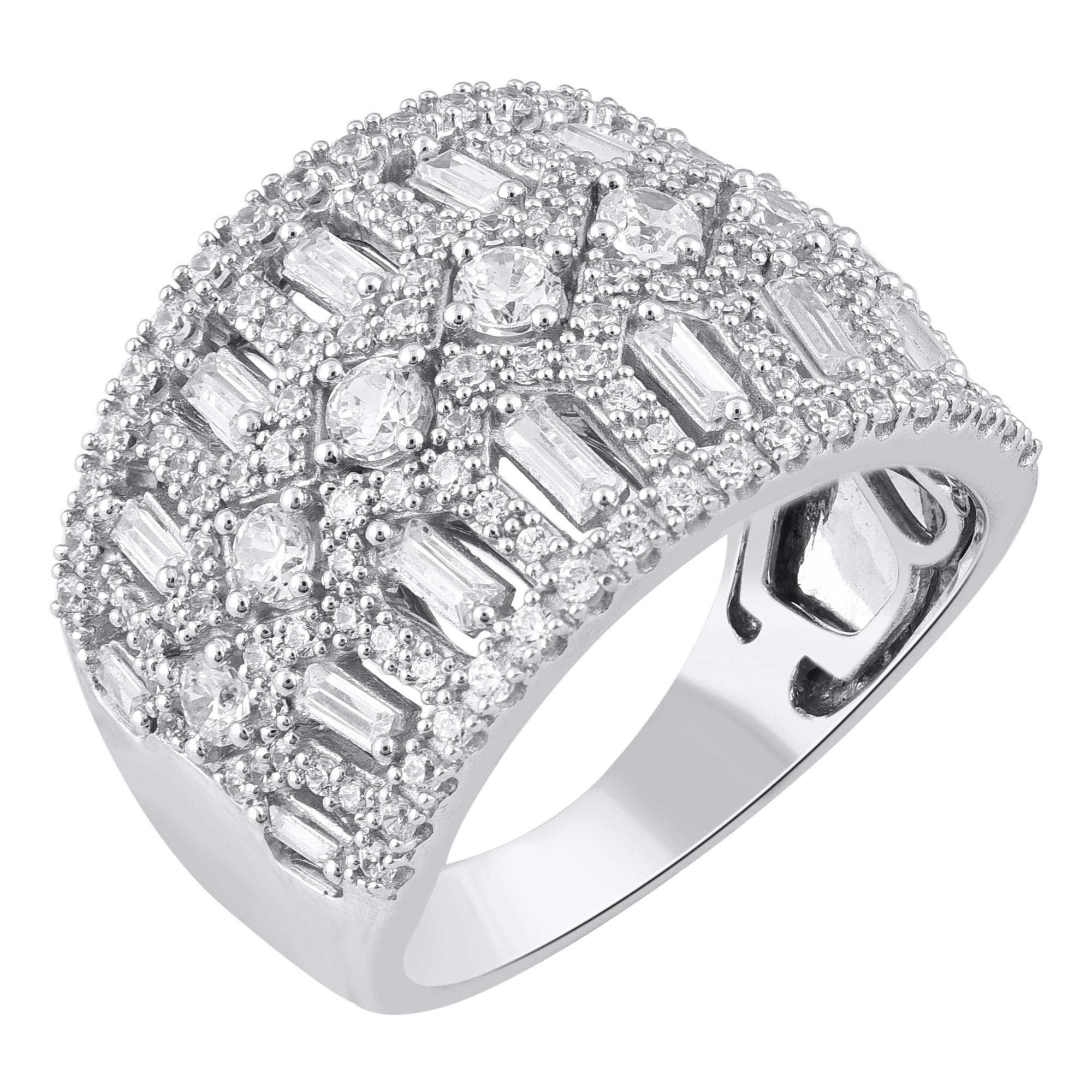 Modern TJD 1.50 Carat Natural Round & Baguette Diamond 14KT White Gold Wide Band Ring For Sale