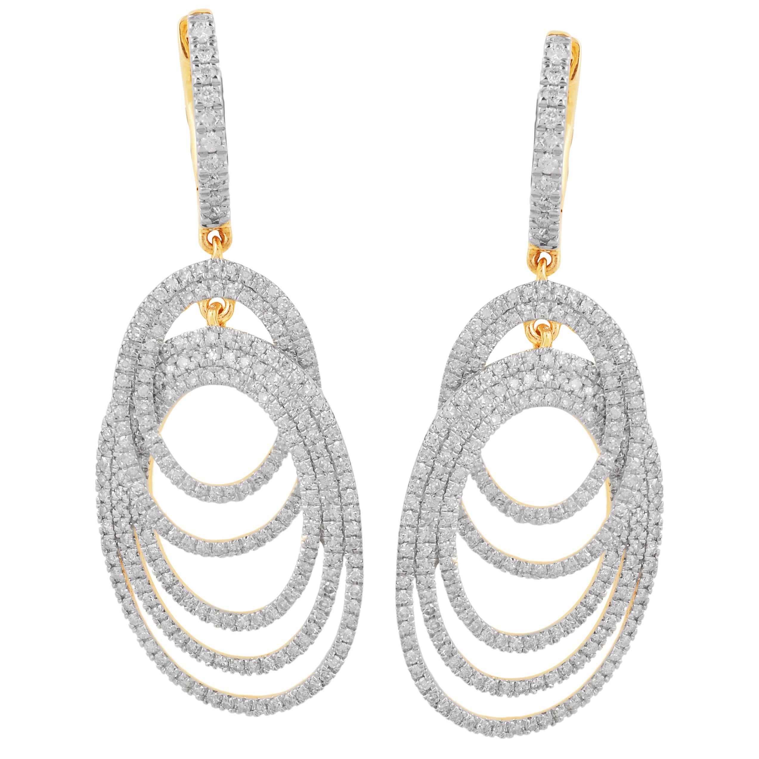 TJD 1.50 Carat Round Diamond 14K Yellow Gold Oval Chandelier Dangling Earrings For Sale