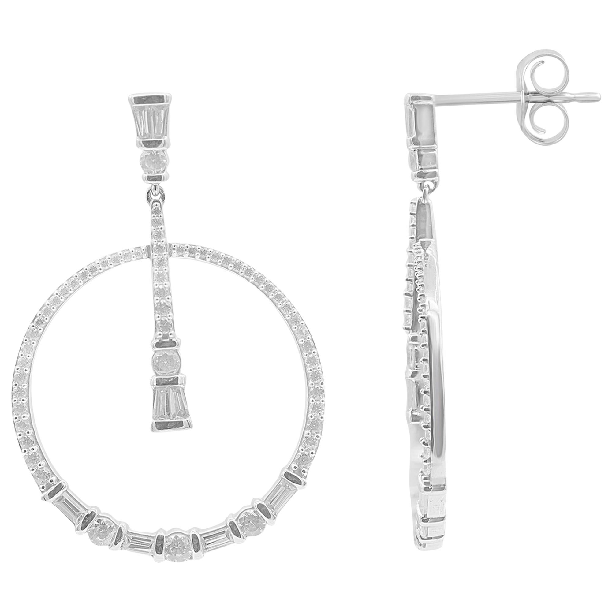 TJD 1.50Carat Round & Baguette Diamond 14K White Gold Circular Dangling Earrings For Sale