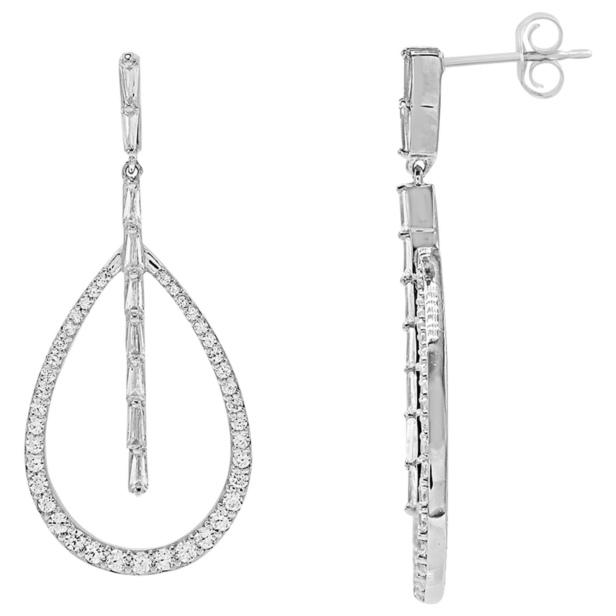TJD 1.50 Carat Round and Baguette Diamond 14K White Gold Pear Dangling Earrings For Sale