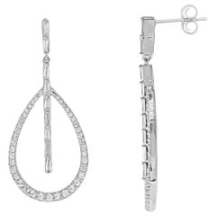 TJD 1.50 Carat Round and Baguette Diamond 14K White Gold Pear Dangling Earrings