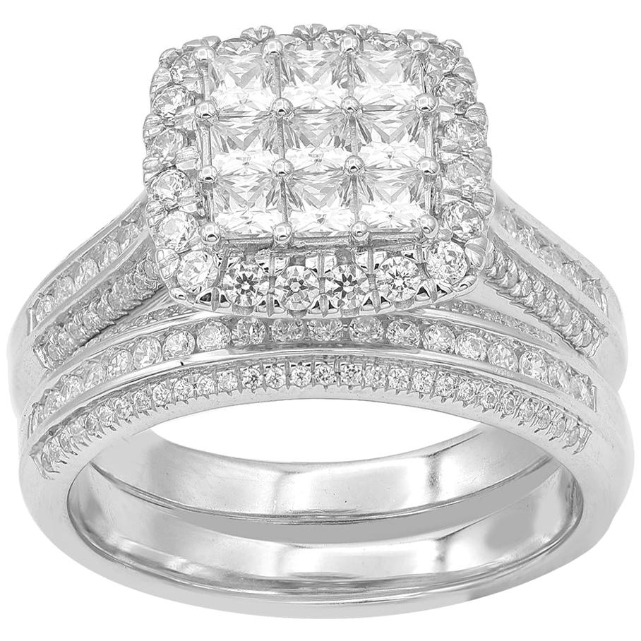 TJD 1.50 Carat Round & Princess Cut Diamond 14K White Gold Stackable Bridal Set