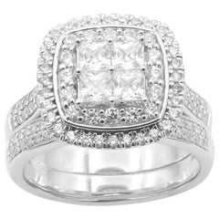 TJD Parure de mariée empilable en or blanc 14 carats avec diamants taille ronde et princesse de 1,50 carat