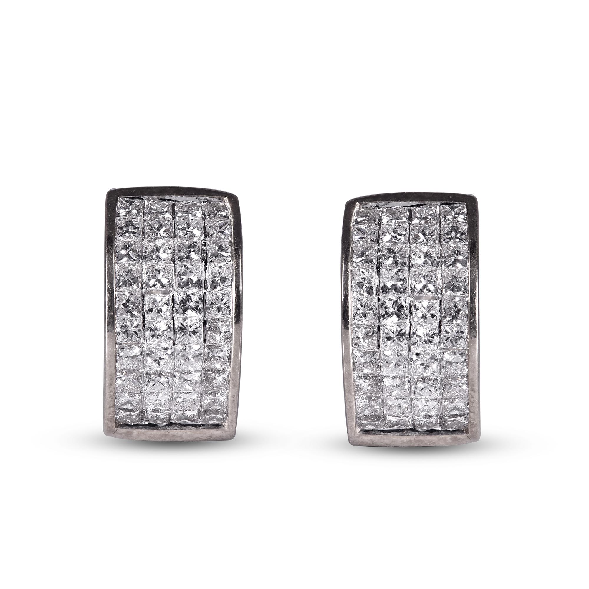 The perfect complement to her classic style, this diamond huggie earrings shines with your happily ever after. These earrings feature clusters of dazzling with 80 princess-cut diamond set in invisible setting. These timeless huggie earrings top post