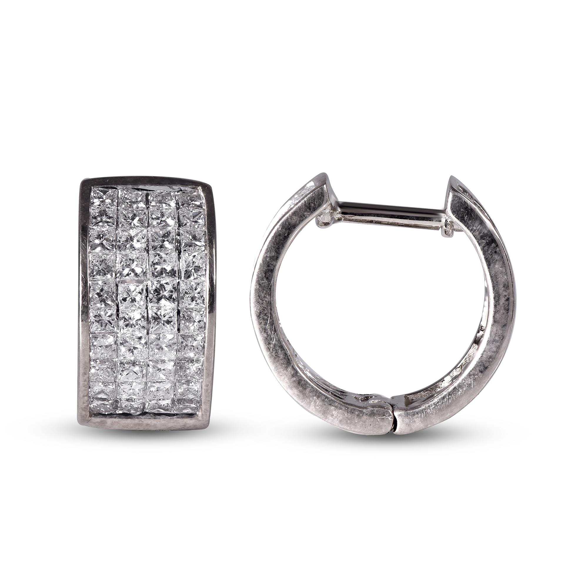 TJD 1.50 Carat Princess Cut Diamond 14K White Gold Invisible Set Huggie Earrings In New Condition For Sale In New York, NY