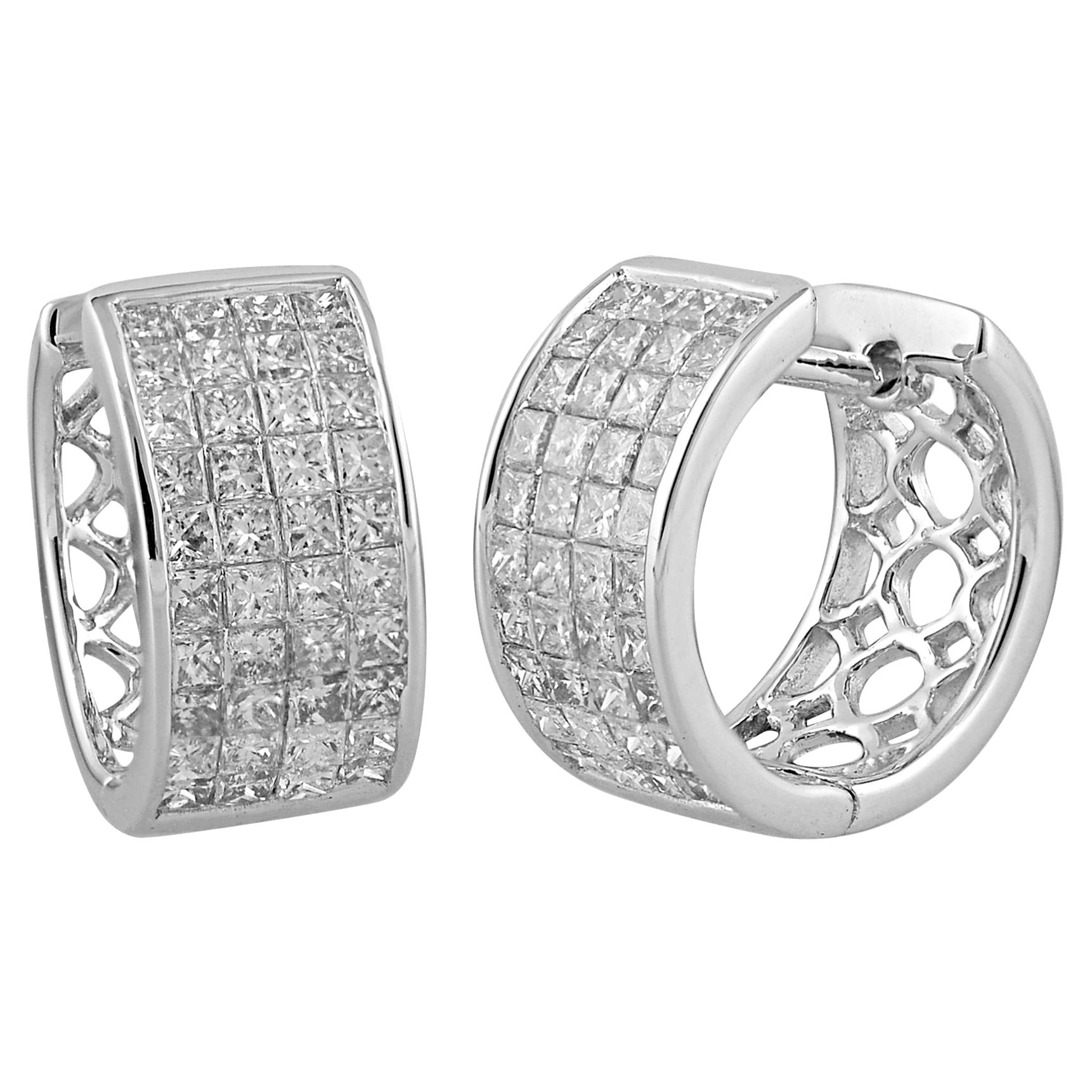 TJD 1.50 Carat Princess Cut Diamond 14K White Gold Invisible Set Huggie Earrings For Sale