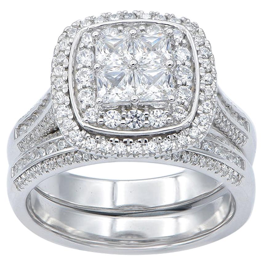 TJD 1.50 Carat Round and Princess Cut 14K White Gold Halo Stackable Bridal Set For Sale