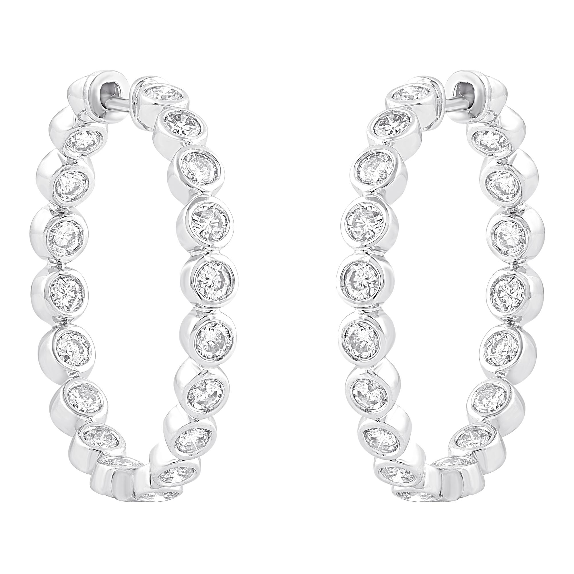 Round Cut TJD 1.50 Carat Round 14K White Gold Bezel Set Inside Out Diamond Hoop Earrings For Sale