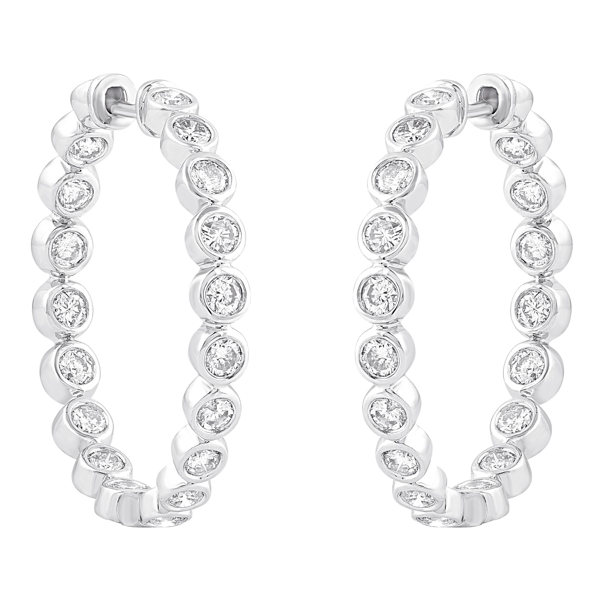 Contemporary TJD 1.50 Carat Round 14K White Gold Bezel Set Inside Out Diamond Hoop Earrings For Sale