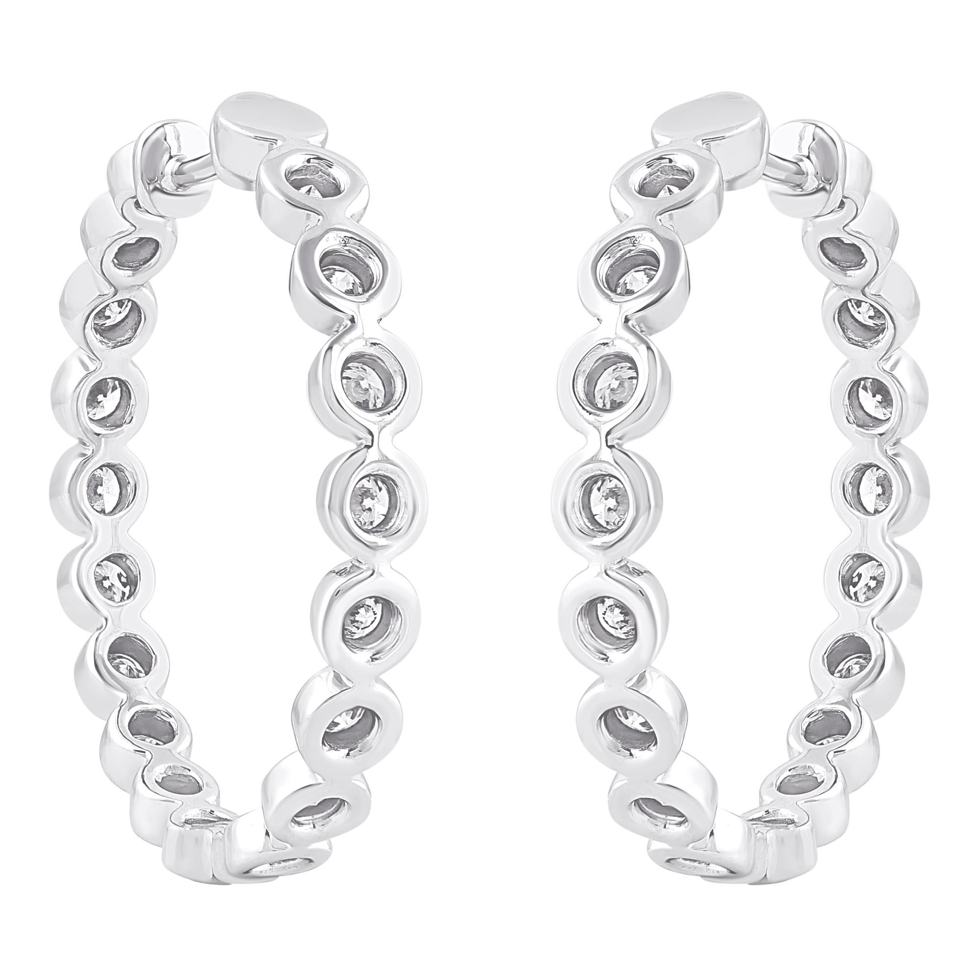 TJD 1.50 Carat Round 14K White Gold Bezel Set Inside Out Diamond Hoop Earrings In New Condition For Sale In New York, NY