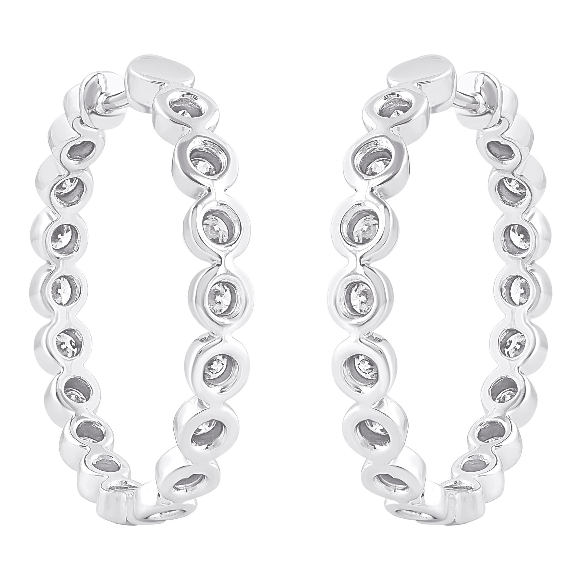 Round Cut TJD 1.50 Carat Round 14K White Gold Bezel Set Inside Out Diamond Hoop Earrings For Sale