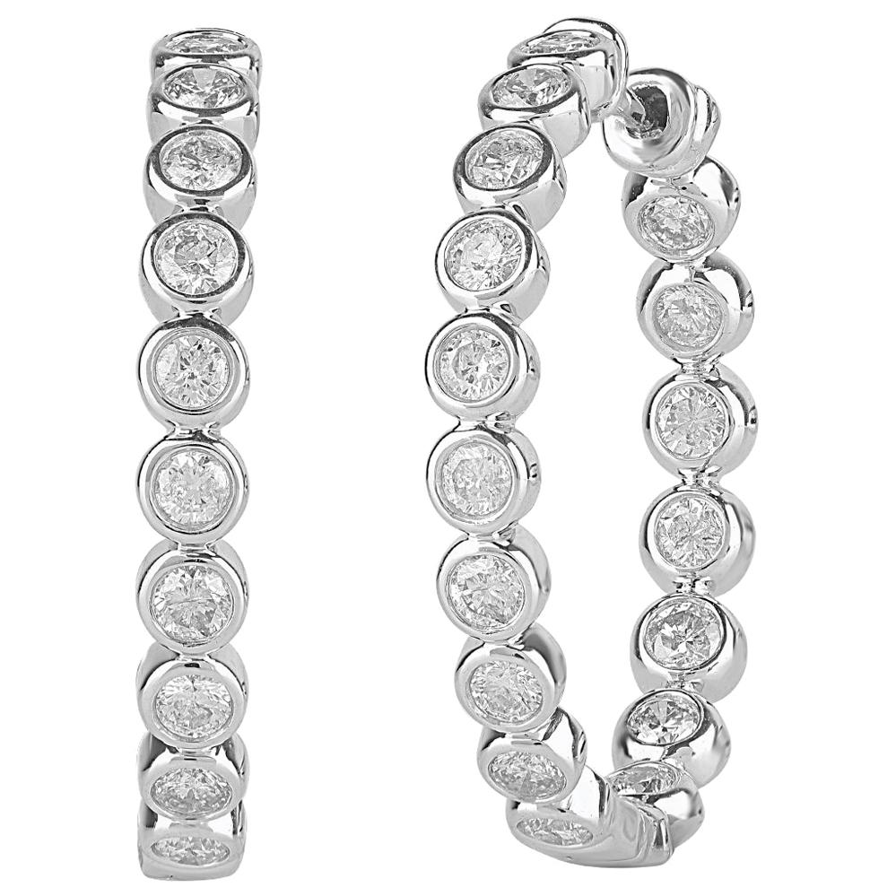 TJD 1.50 Carat Round 14K White Gold Bezel Set Inside Out Diamond Hoop Earrings For Sale
