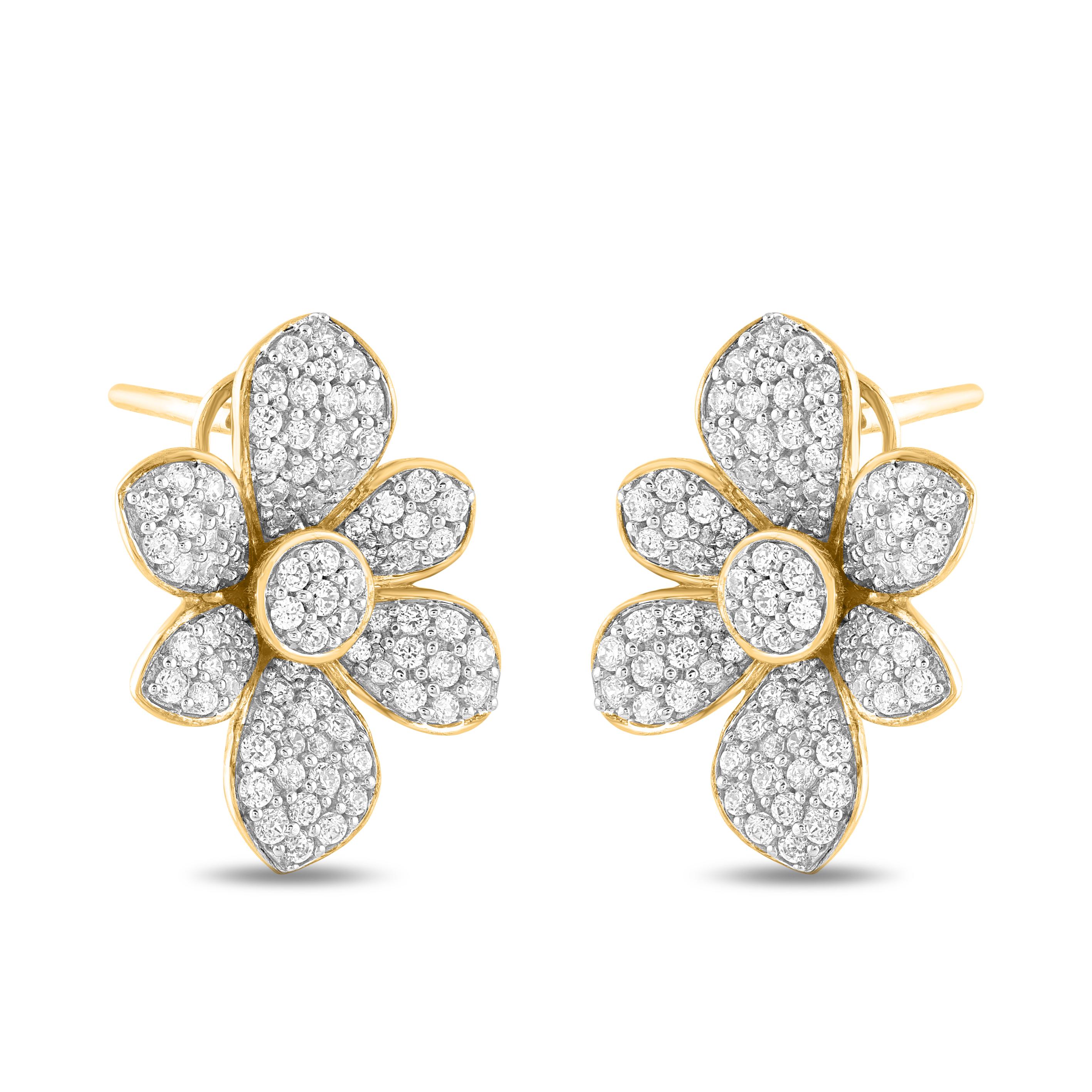Adorn your casual wear with extra glitz when you put on these floral design stud earrings. Expertly crafted in 14K Yellow Gold, earring is cleverly filled with 168 round diamond set in pave setting and shimmers in H-I color I2 clarity. Captivating