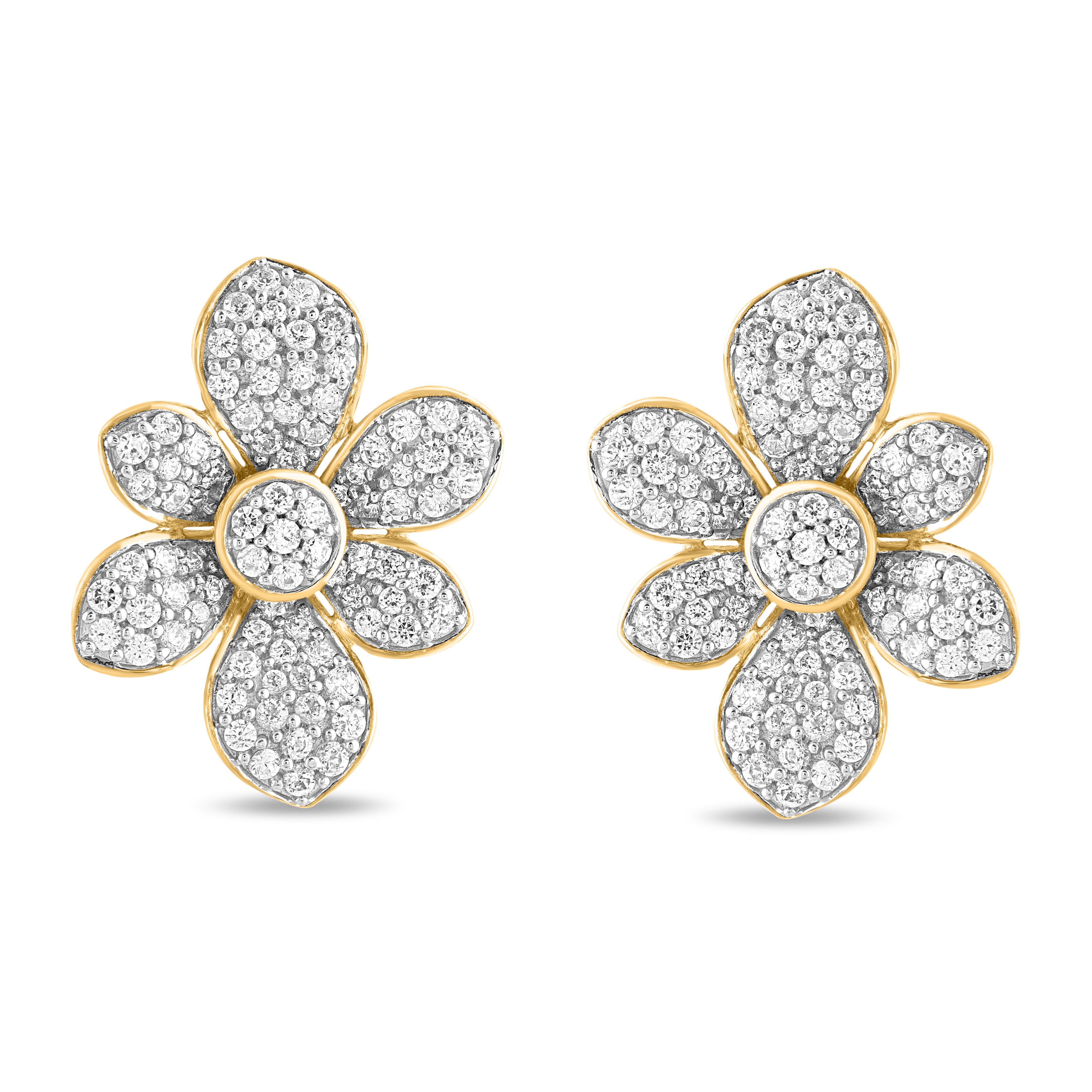 Round Cut TJD 1.50 Carat Round 14K Yellow Gold Floral Petals Cluster Design Stud Earrings For Sale