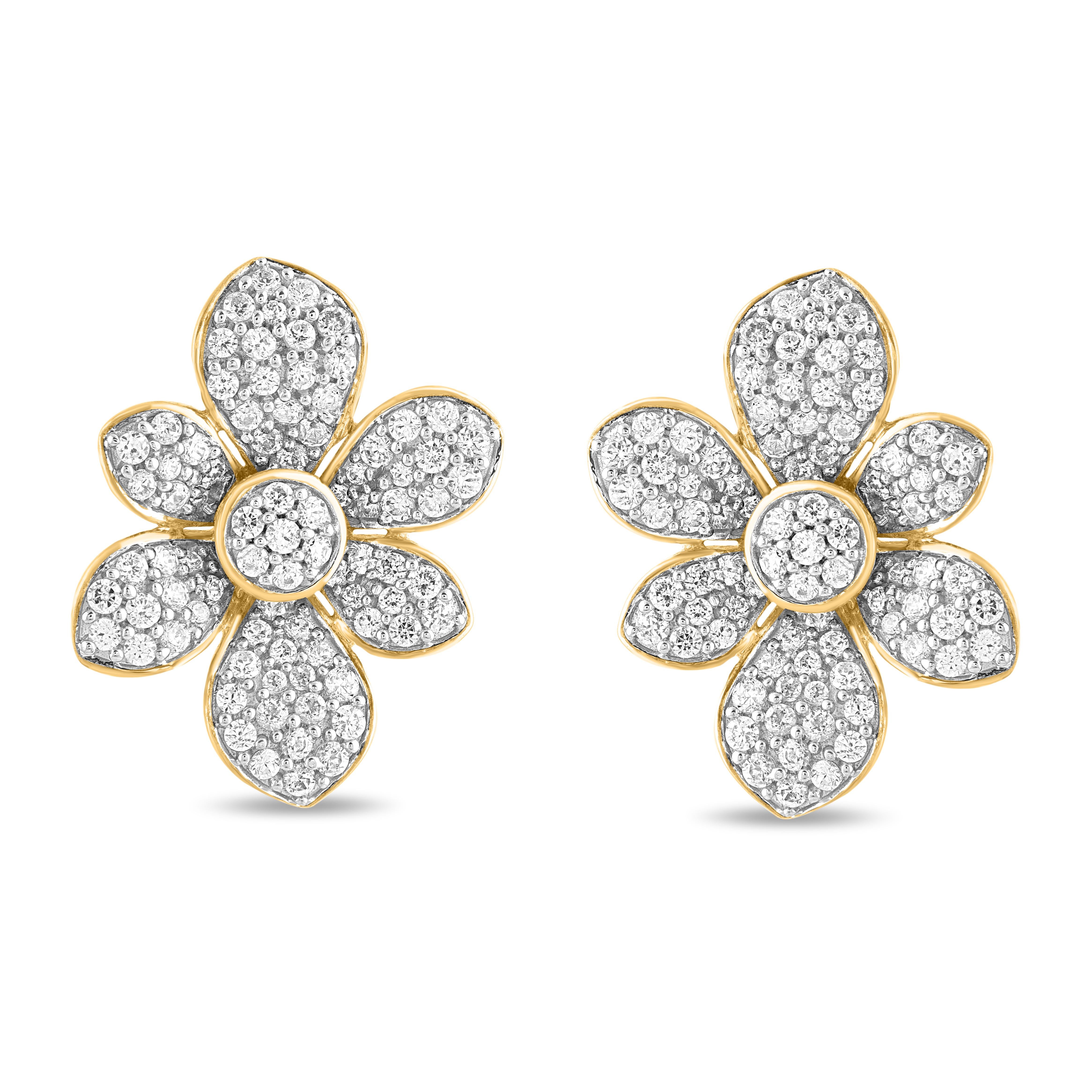 Modern TJD 1.50 Carat Round 14K Yellow Gold Floral Petals Cluster Design Stud Earrings For Sale
