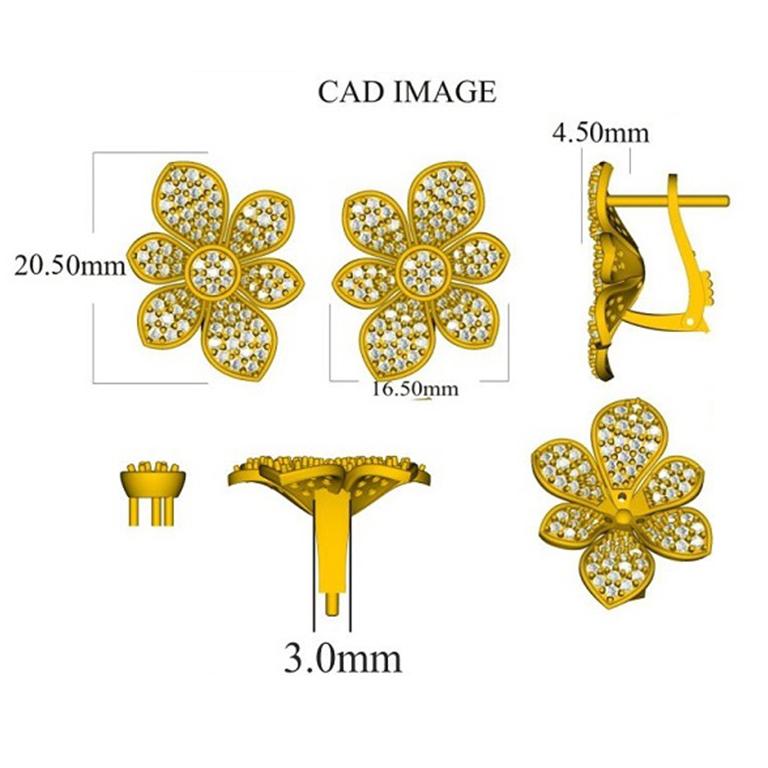 Round Cut TJD 1.50 Carat Round 14K Yellow Gold Floral Petals Cluster Design Stud Earrings For Sale