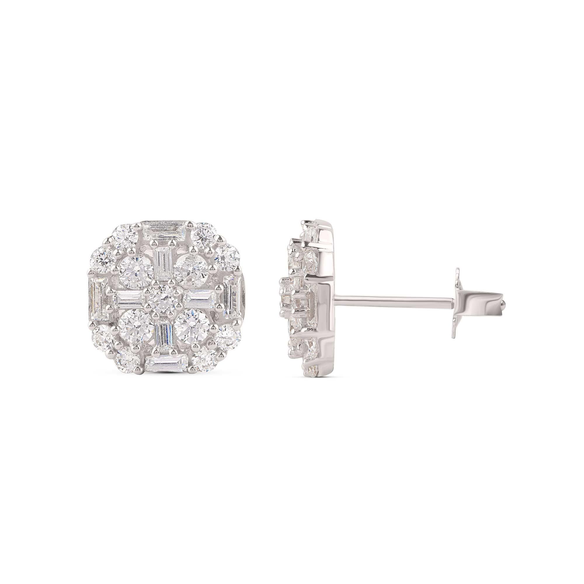 Contemporaneo TJD Orecchini composti con diamanti tondi e baguette in oro bianco 18 carati da 1,50 carati in vendita