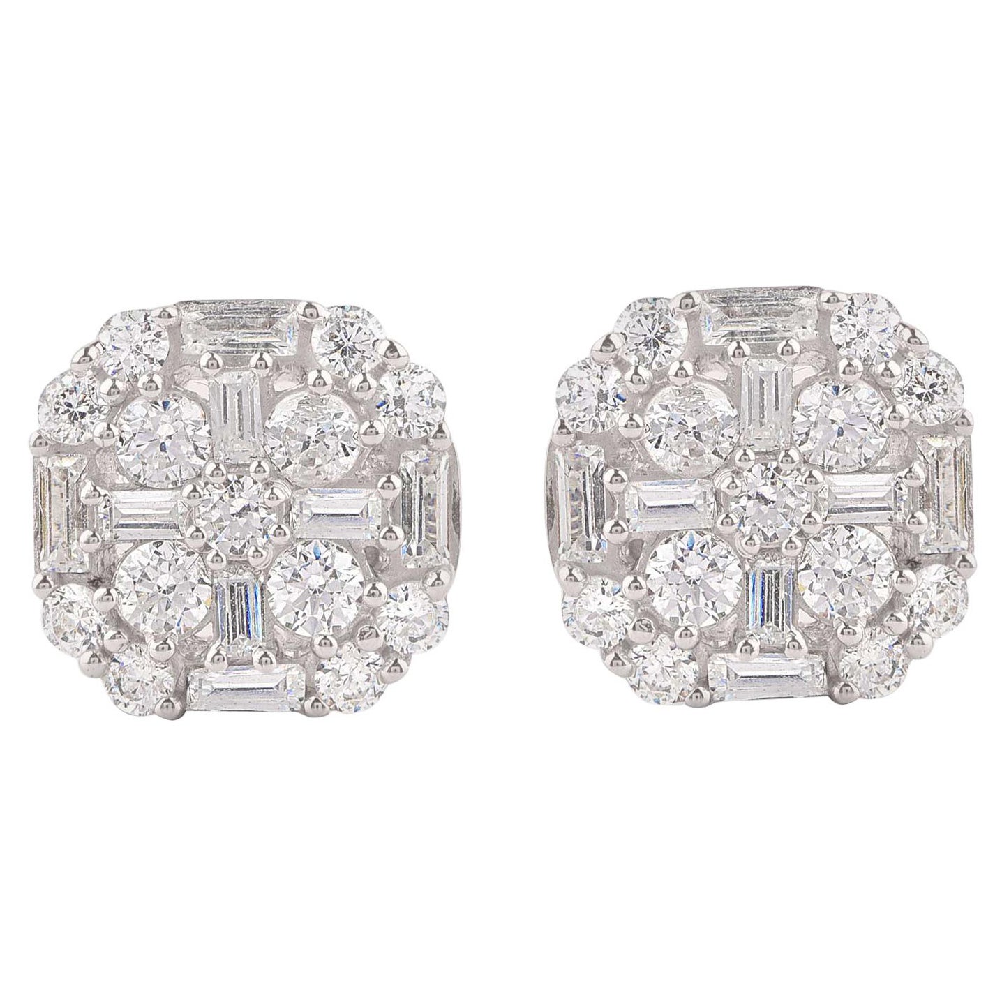 TJD 1.50 Carat Round and Baguette 18 Karat White Gold Diamond Composite Earrings