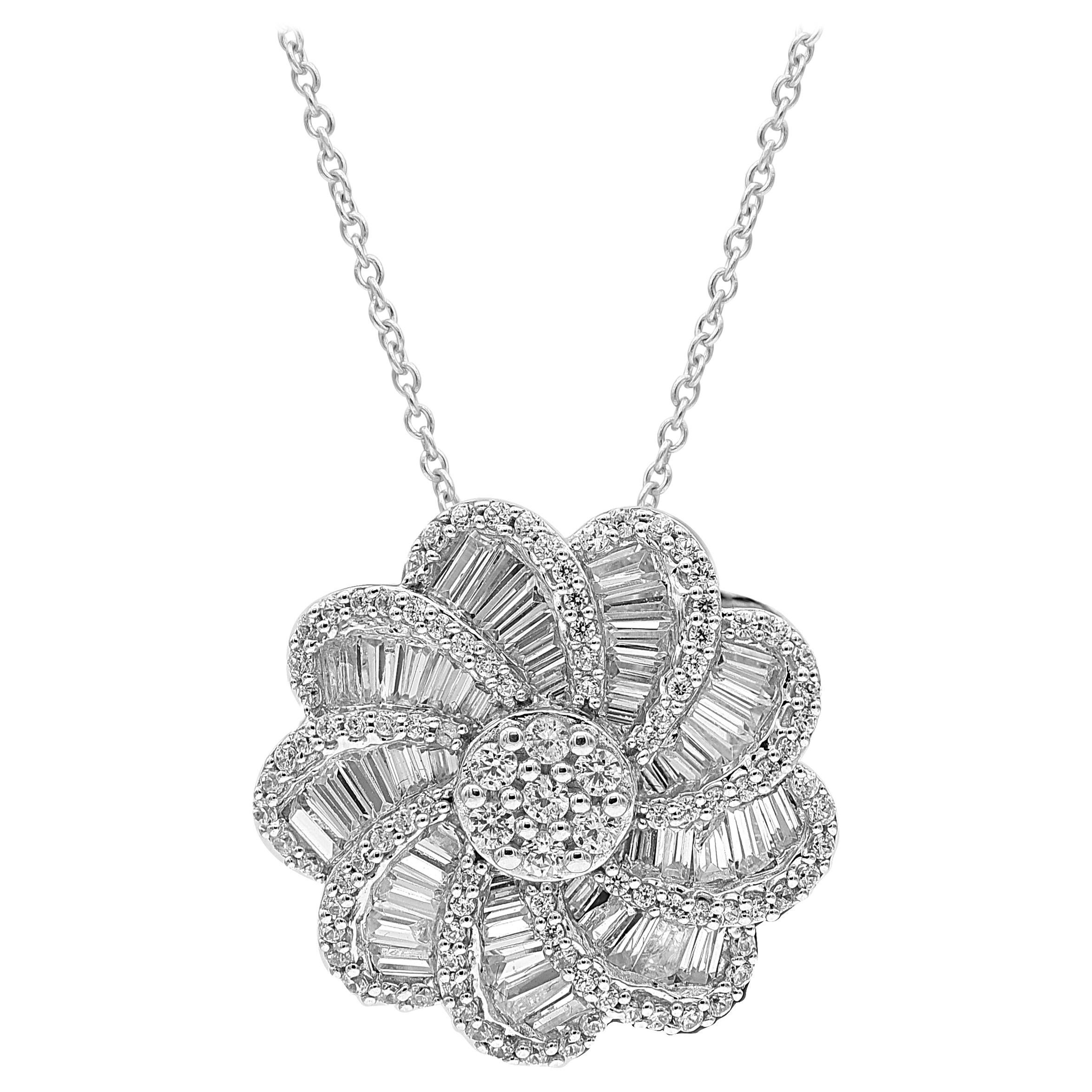 TJD 1.50 Carat Round and Baguette Diamond 14K White Gold Flower Cluster Pendant For Sale