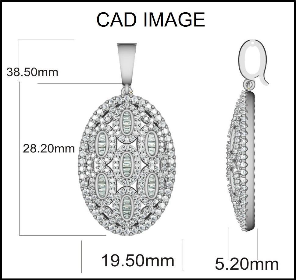 Accessorio femminile dalla forma ovale, questo ciondolo con diamante si adatta a qualsiasi abbigliamento. Realizzato dai nostri abili artigiani in oro bianco 14 carati e tempestato di 180 diamanti rotondi e 35 baguette incastonati a griffe e a