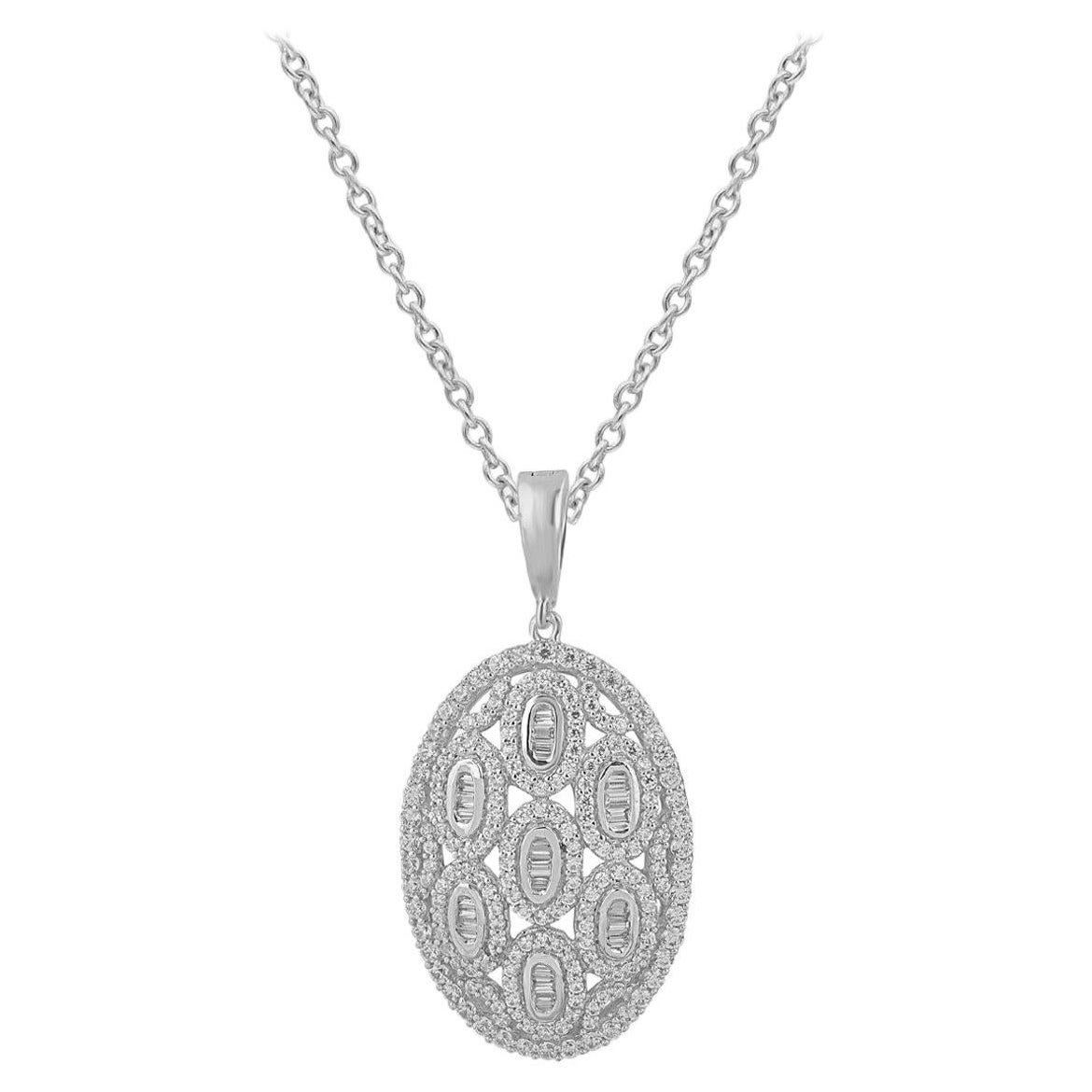 TJD 1.50 Carat Round and Baguette Diamond 14 Karat Gold Oval Designer Pendant