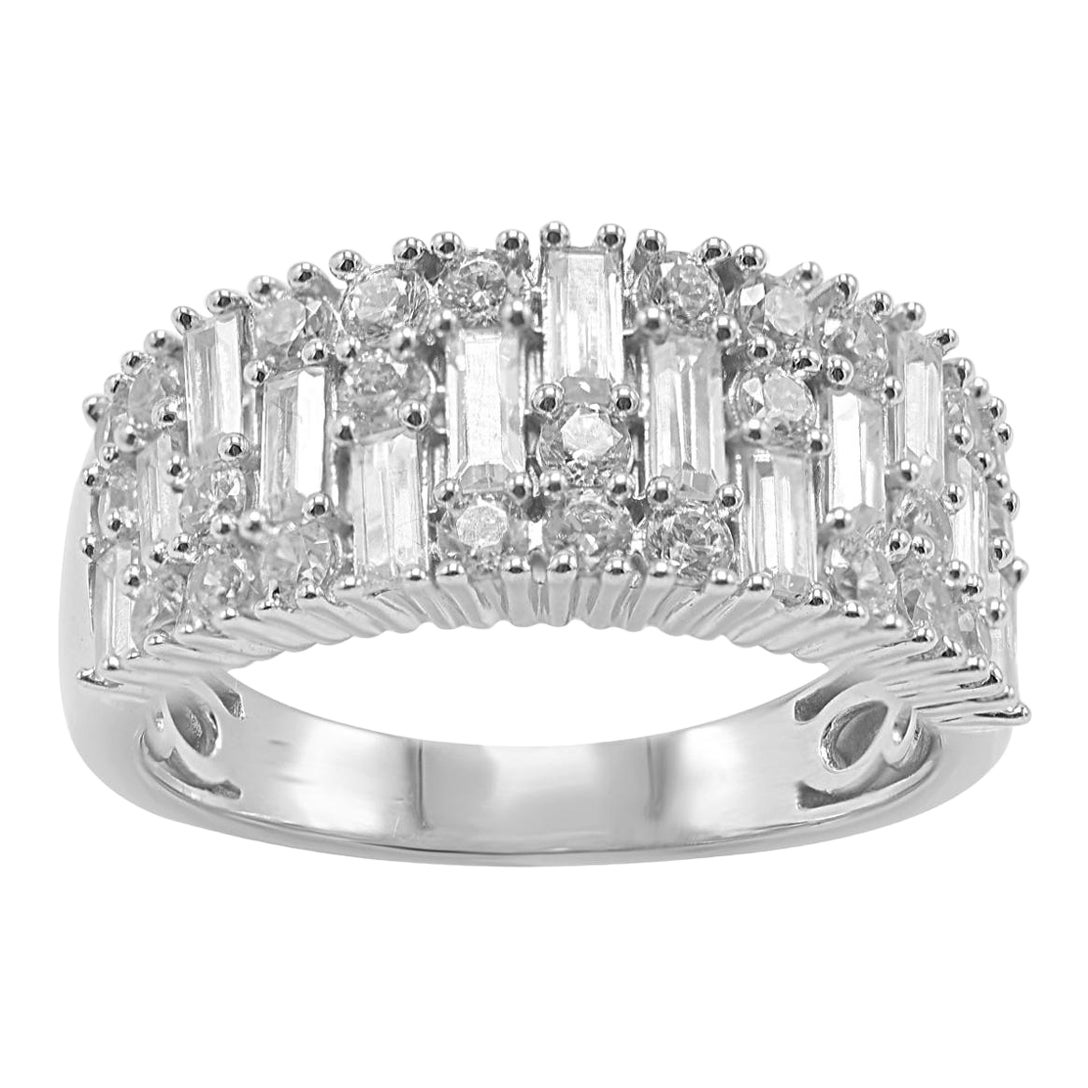 TJD 1.50 Carat Round and Baguette Diamond 14 Karat White Gold Wedding Band Ring