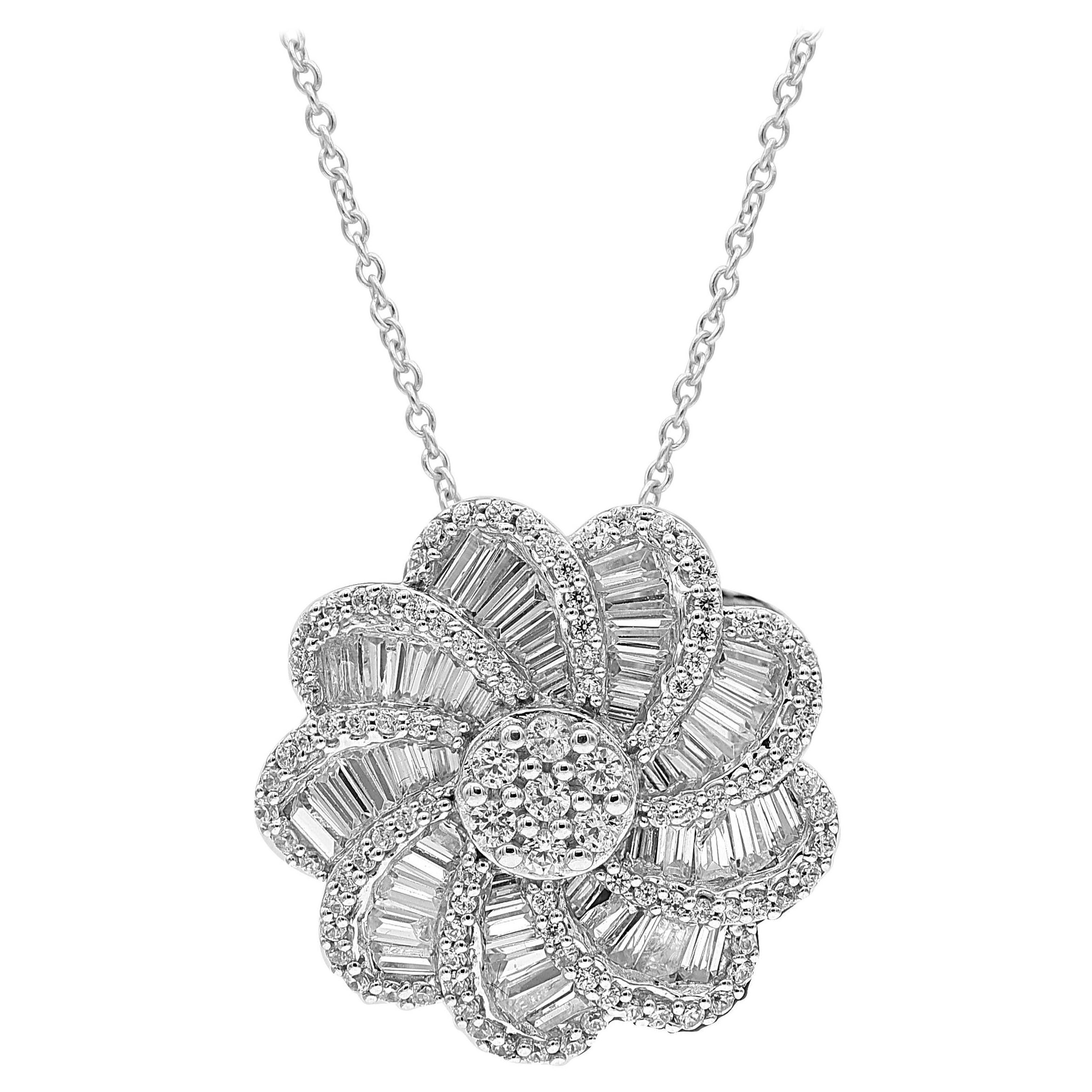 TJD 1.50 Carat Round and Baguette Diamond 14K White Gold Flower Cluster Pendant