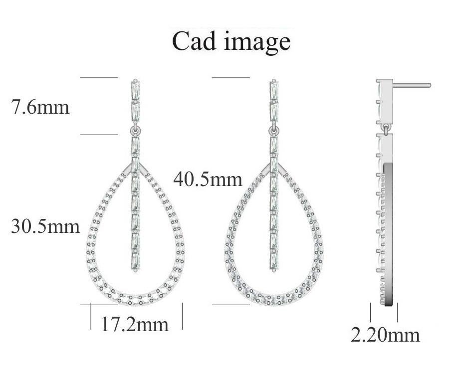 14 Karat White Gold diamond frame Drop Earrings With 78 Round Brilliant and 18 baguette-cut Diamonds this pear shaped diamond earrings have 1.50 Carats of Round Brilliant set in prong setting, H-I color I2 clarity. These sparkling earrings secure
